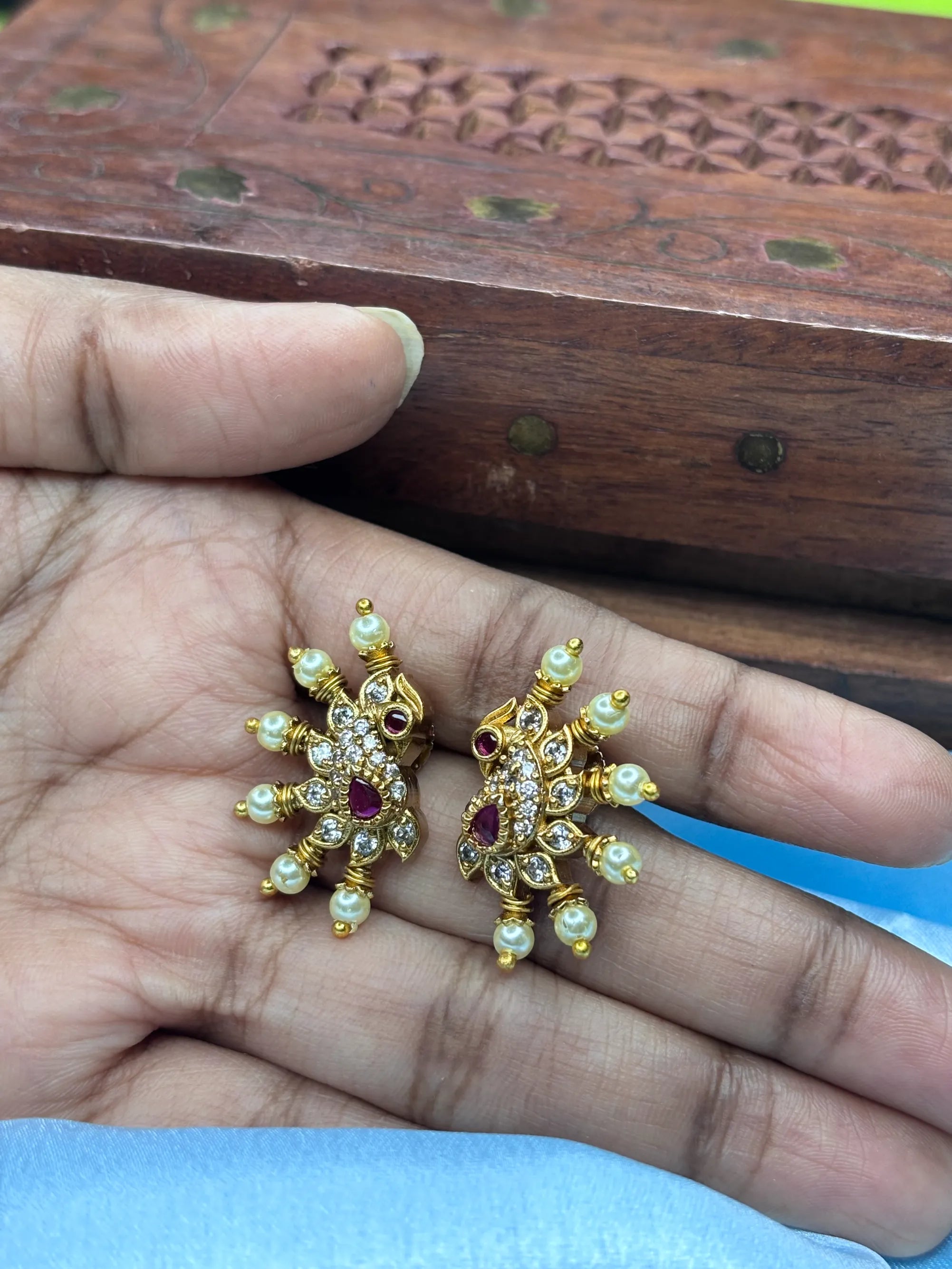 Peacock & Pearl Cluster Stud Earrings (SKU: B5-T-005)