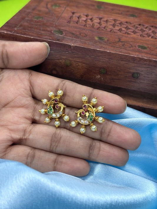 Elegant Paisley Studs with Pearls and CZ (SKU: B5-T-006)