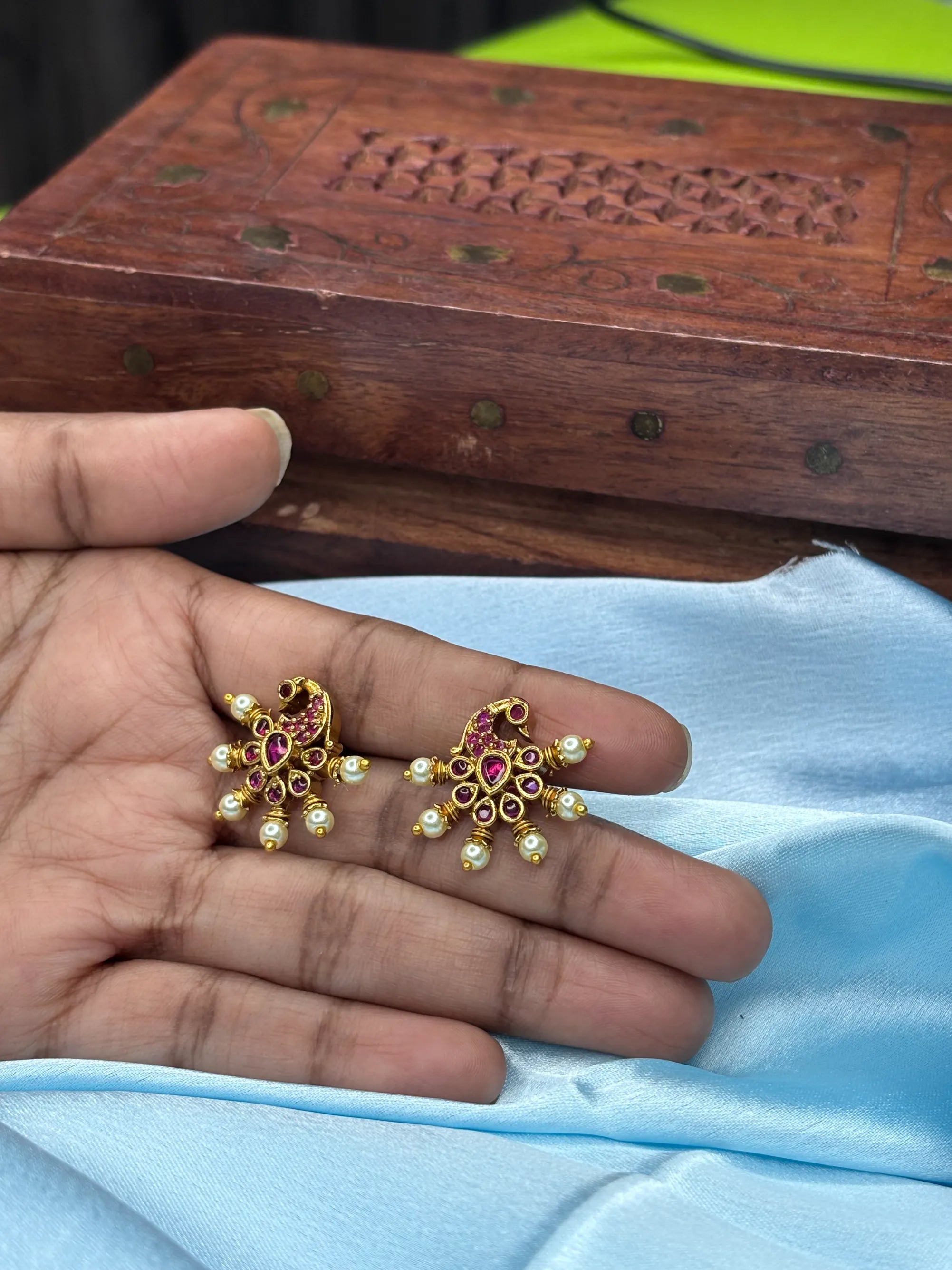 Elegant Paisley & Pearl Stud Earrings (SKU: B5-T-007)