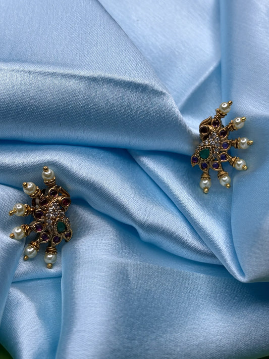Peacock-Inspired Pearl & CZ Stud Earrings (SKU: B5-T-008)