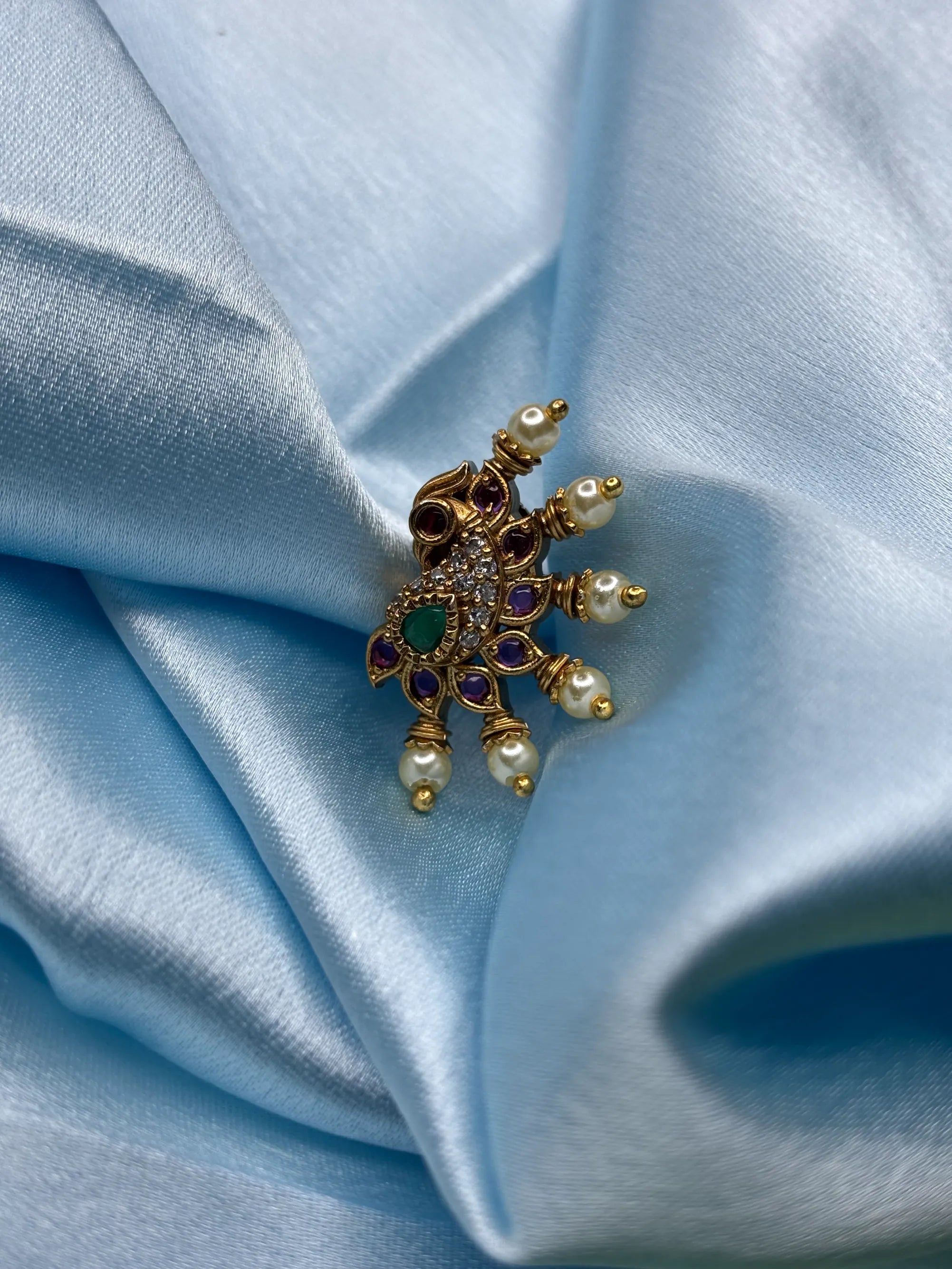 Peacock-Inspired Pearl & CZ Stud Earrings (SKU: B5-T-008)