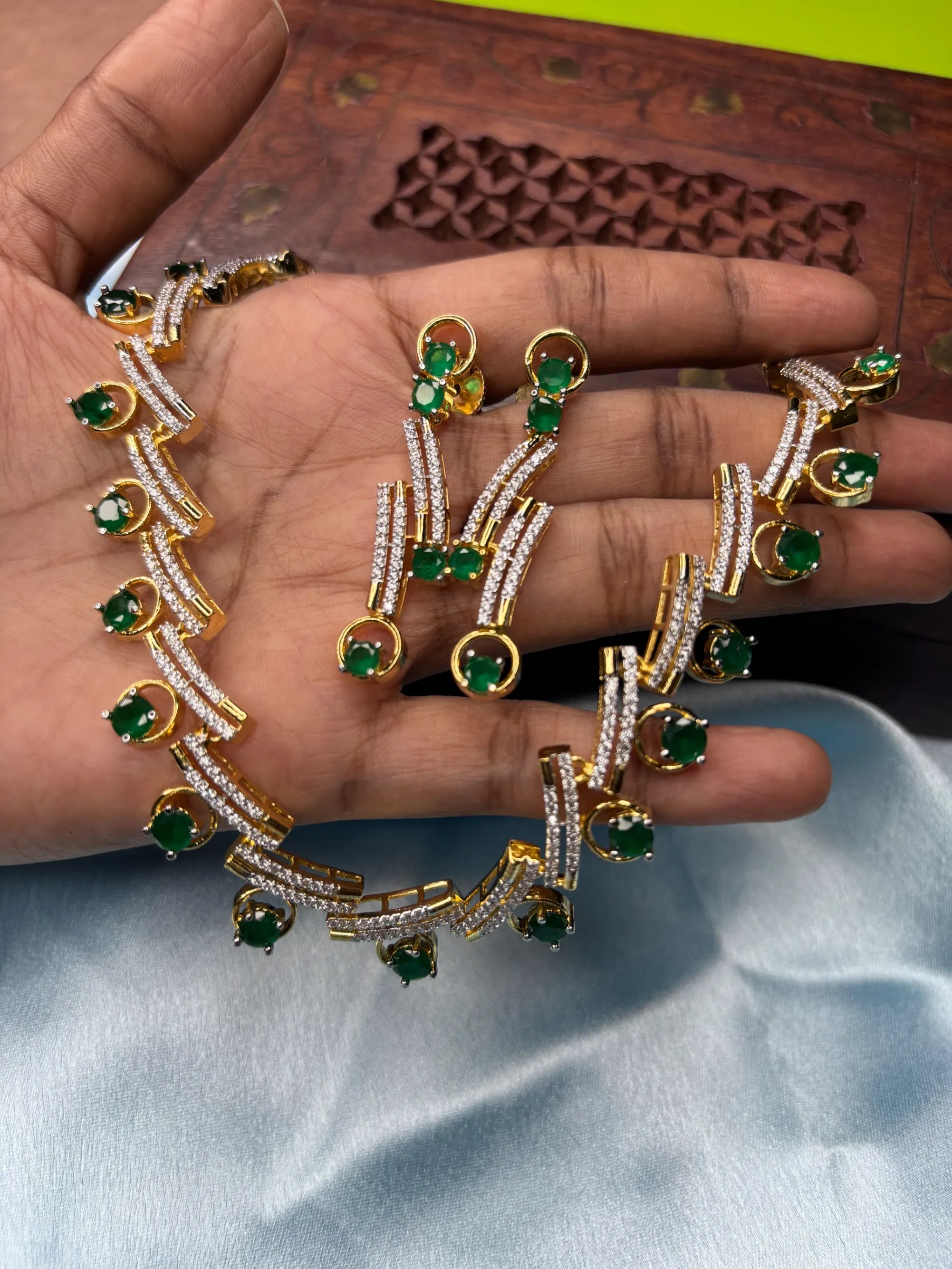 Green Gemstone & CZ Necklace Set (SKU: B5-CS-010)