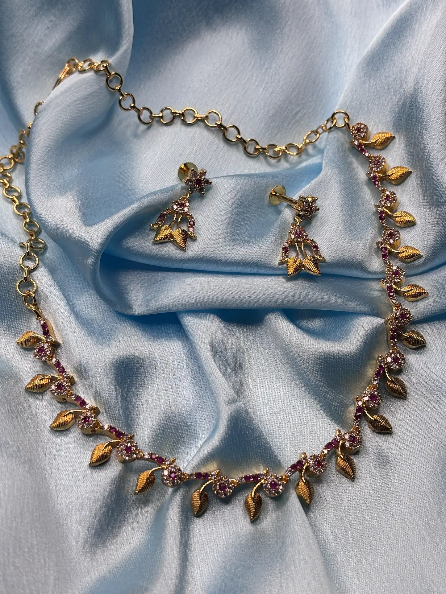 Elegant Leaf & CZ Necklace Set (SKU: B5-CS-017)