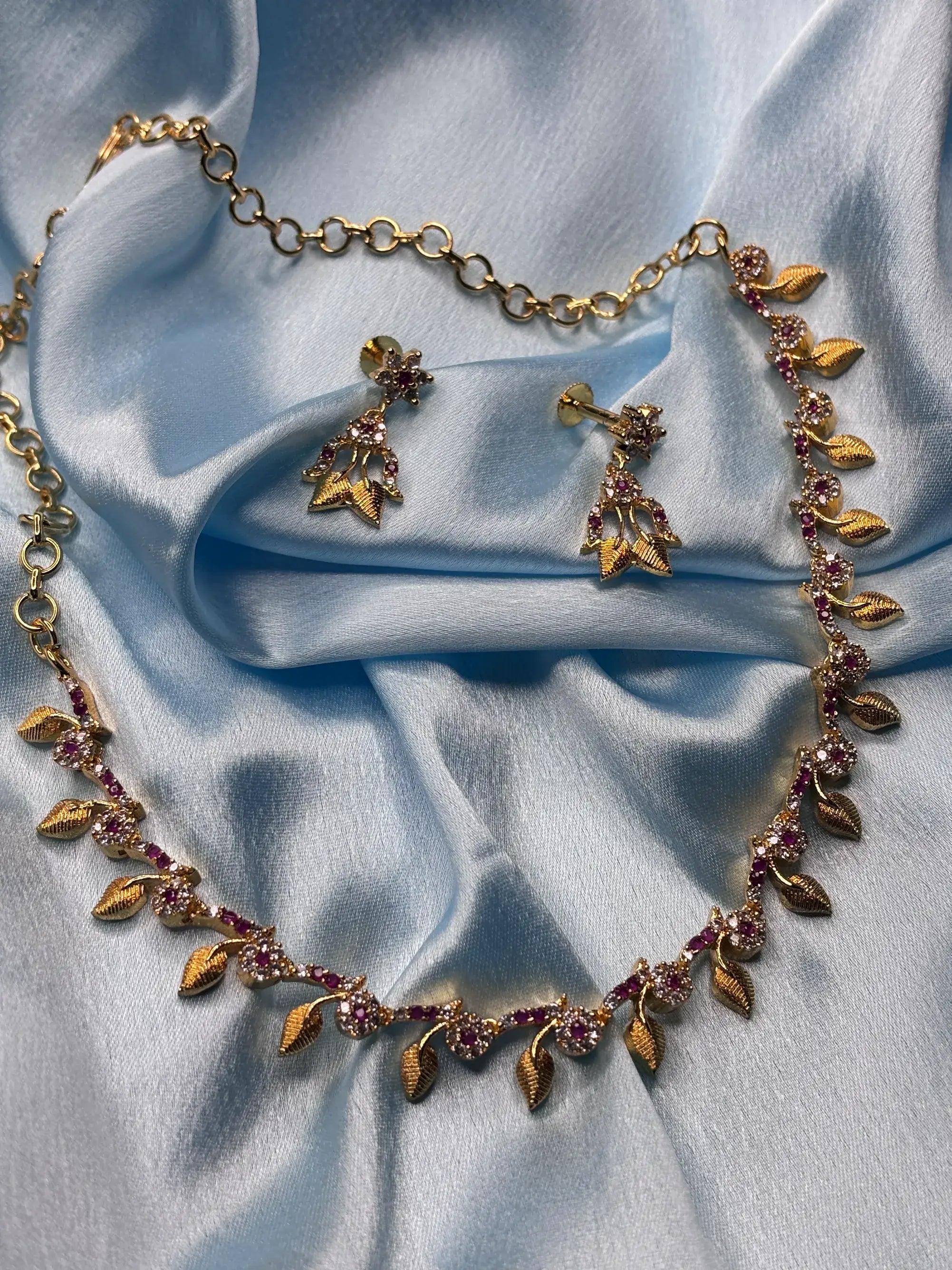 Elegant Leaf & CZ Necklace Set (SKU: B5-CS-017)