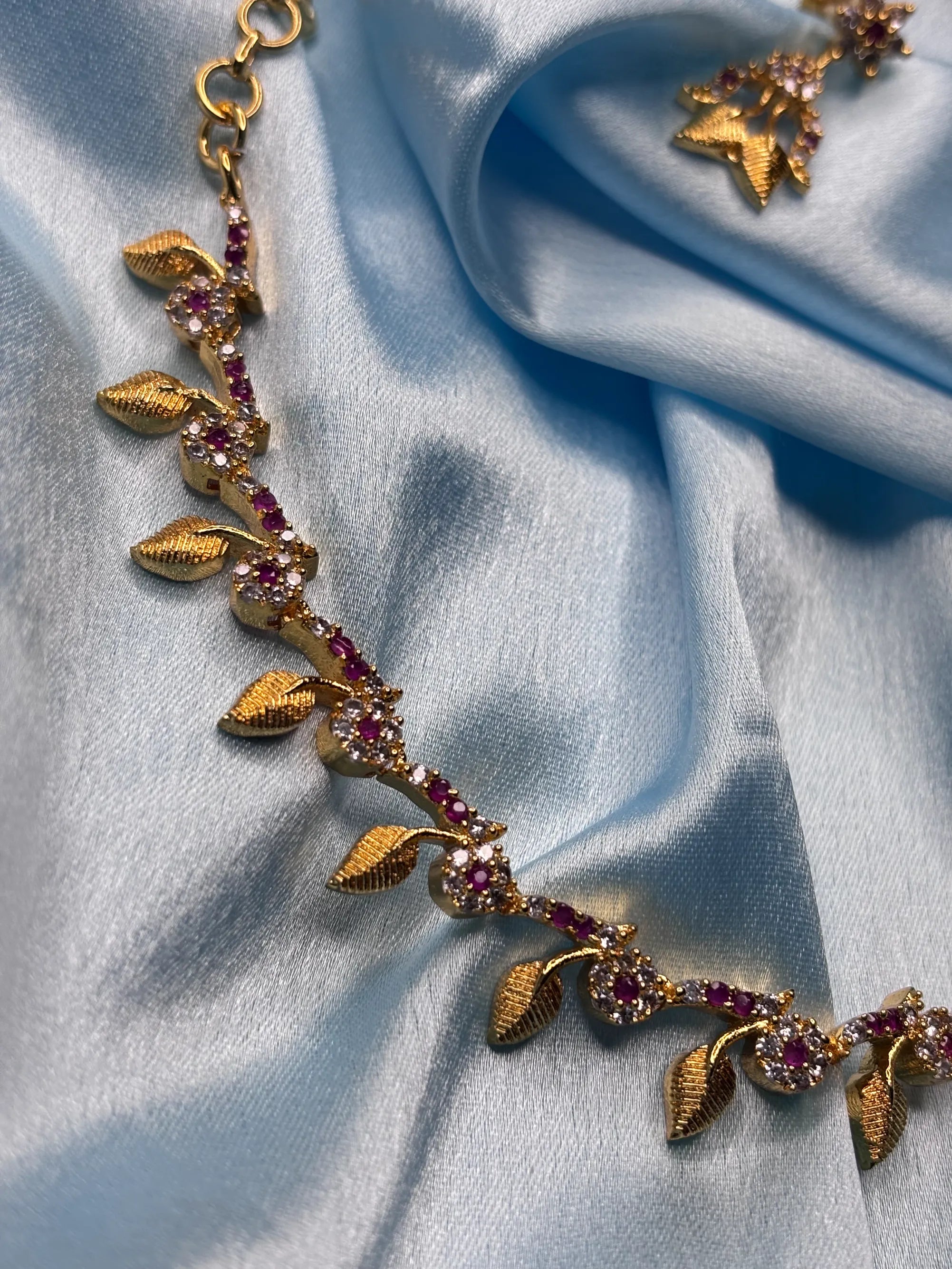 Elegant Leaf & CZ Necklace Set (SKU: B5-CS-017)