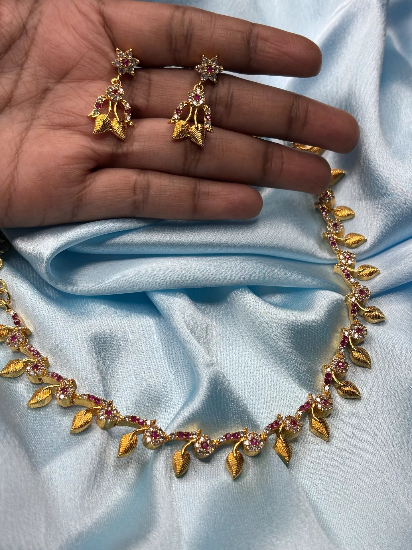 Elegant Leaf & CZ Necklace Set (SKU: B5-CS-017)