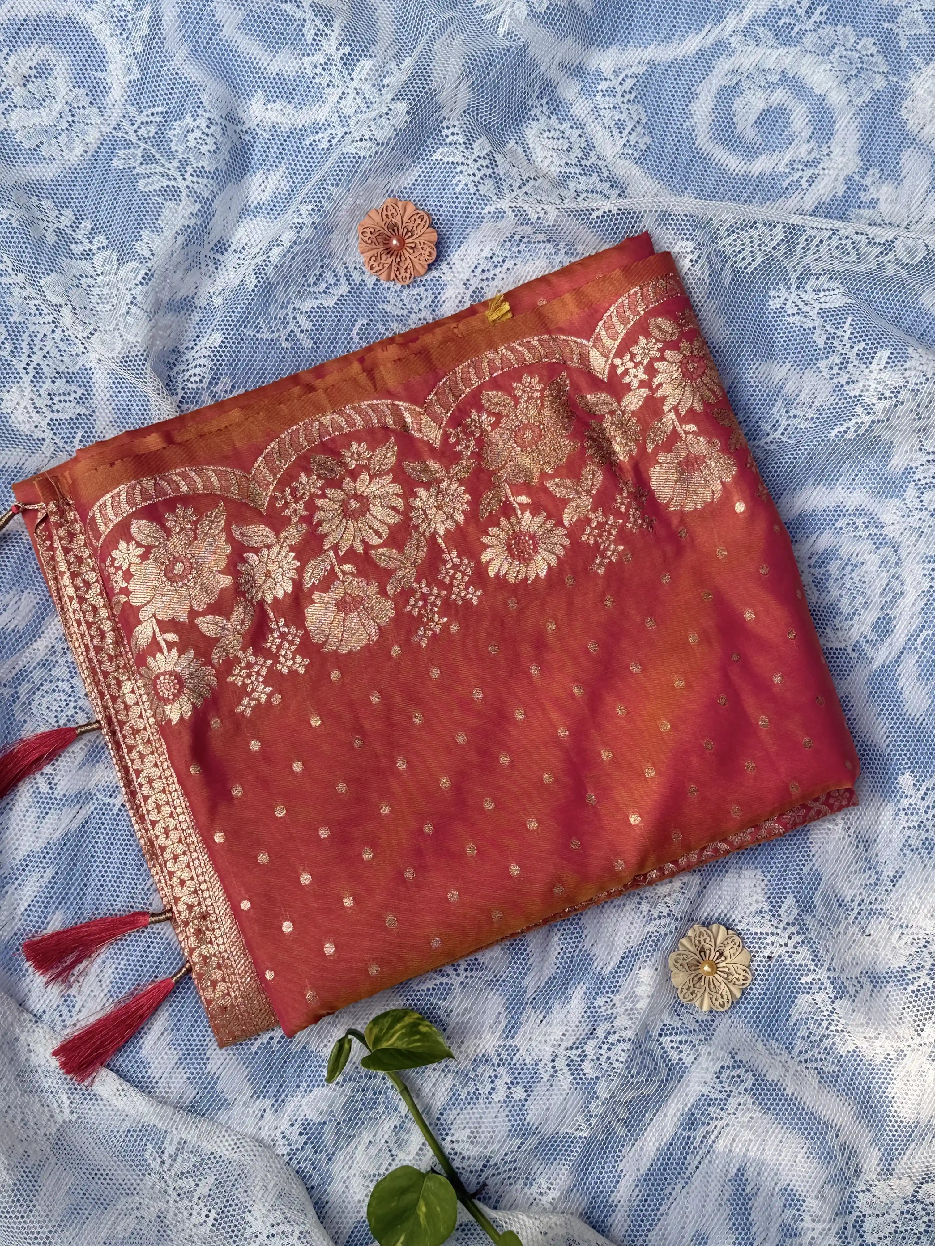 Pink and Orange Dual Color, Gold Polka Dot Soft silk