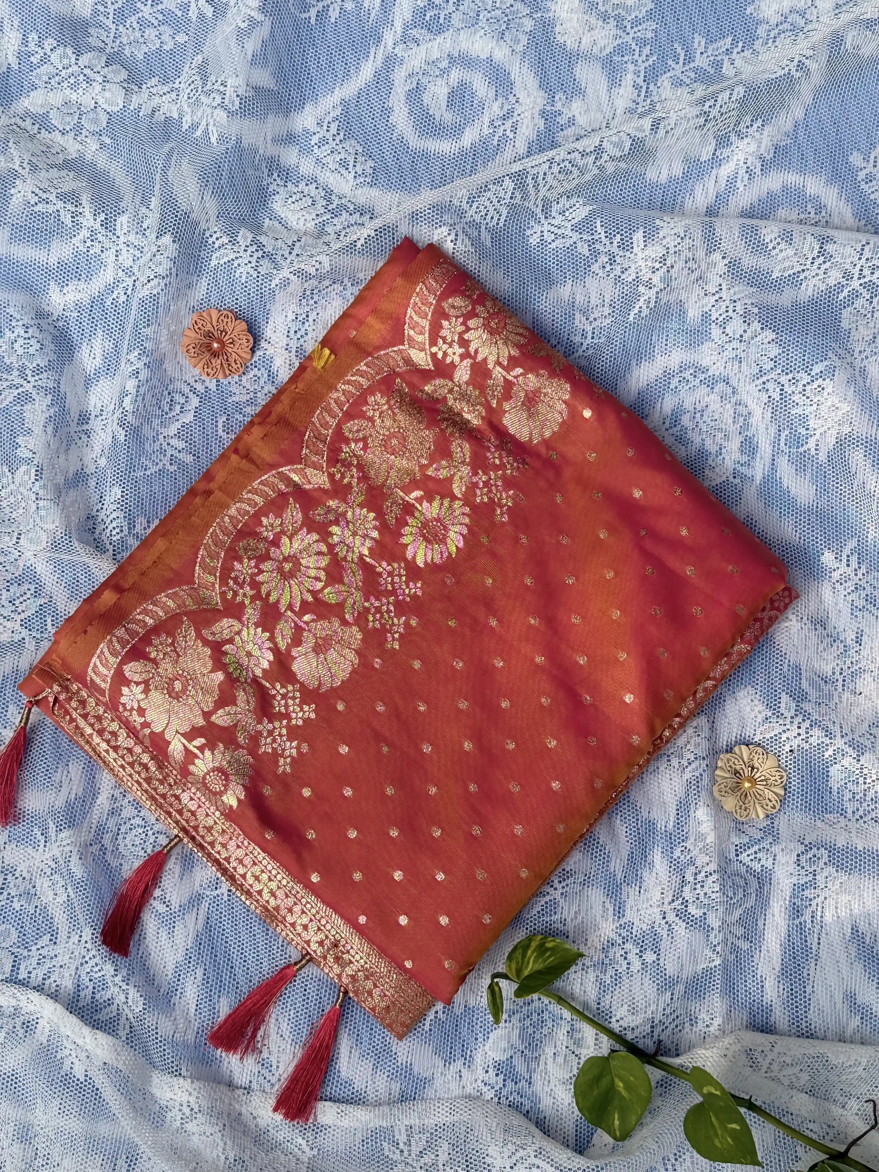 Pink and Orange Dual Color, Gold Polka Dot Soft silk