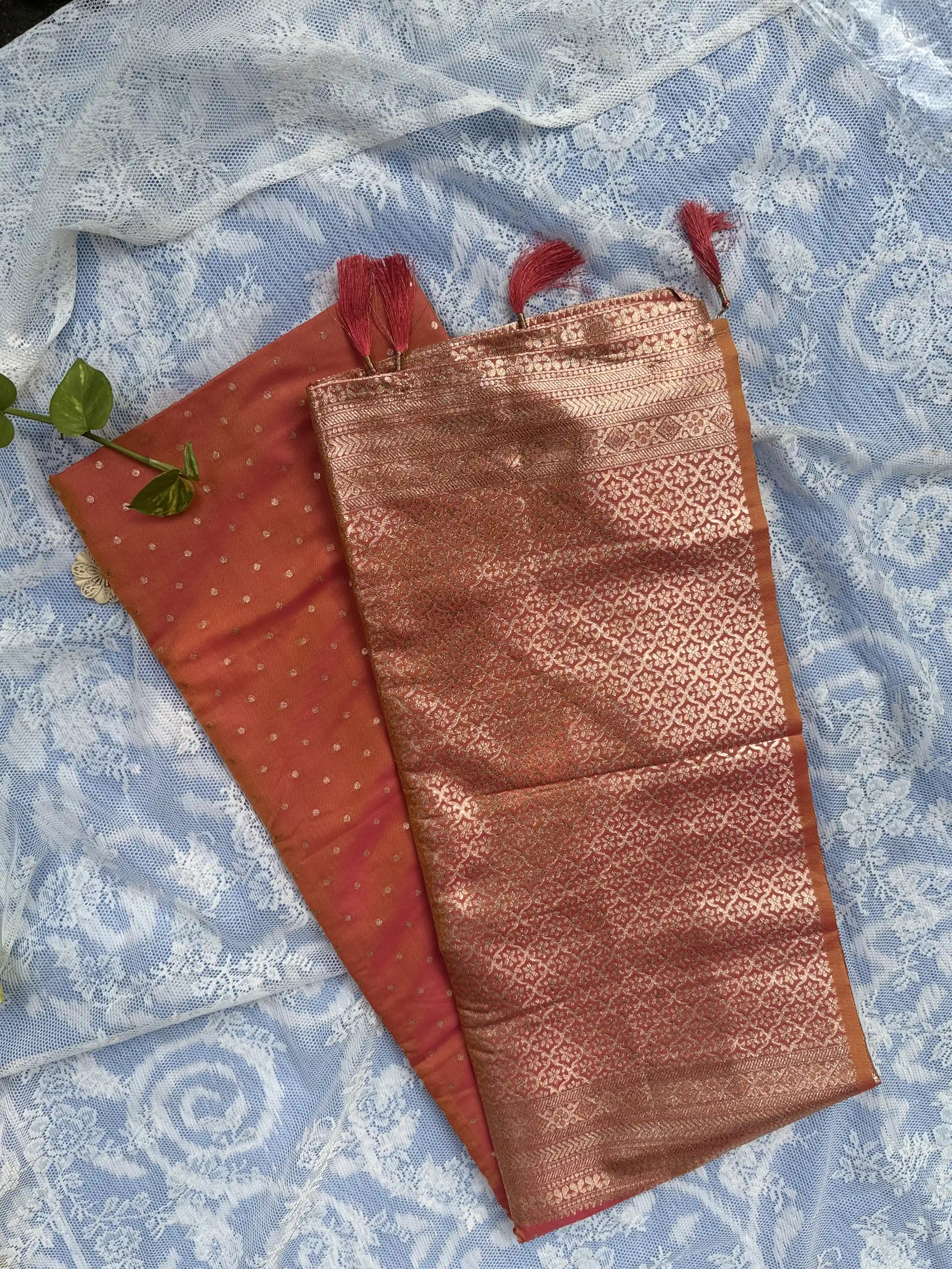 Pink and Orange Dual Color, Gold Polka Dot Soft silk
