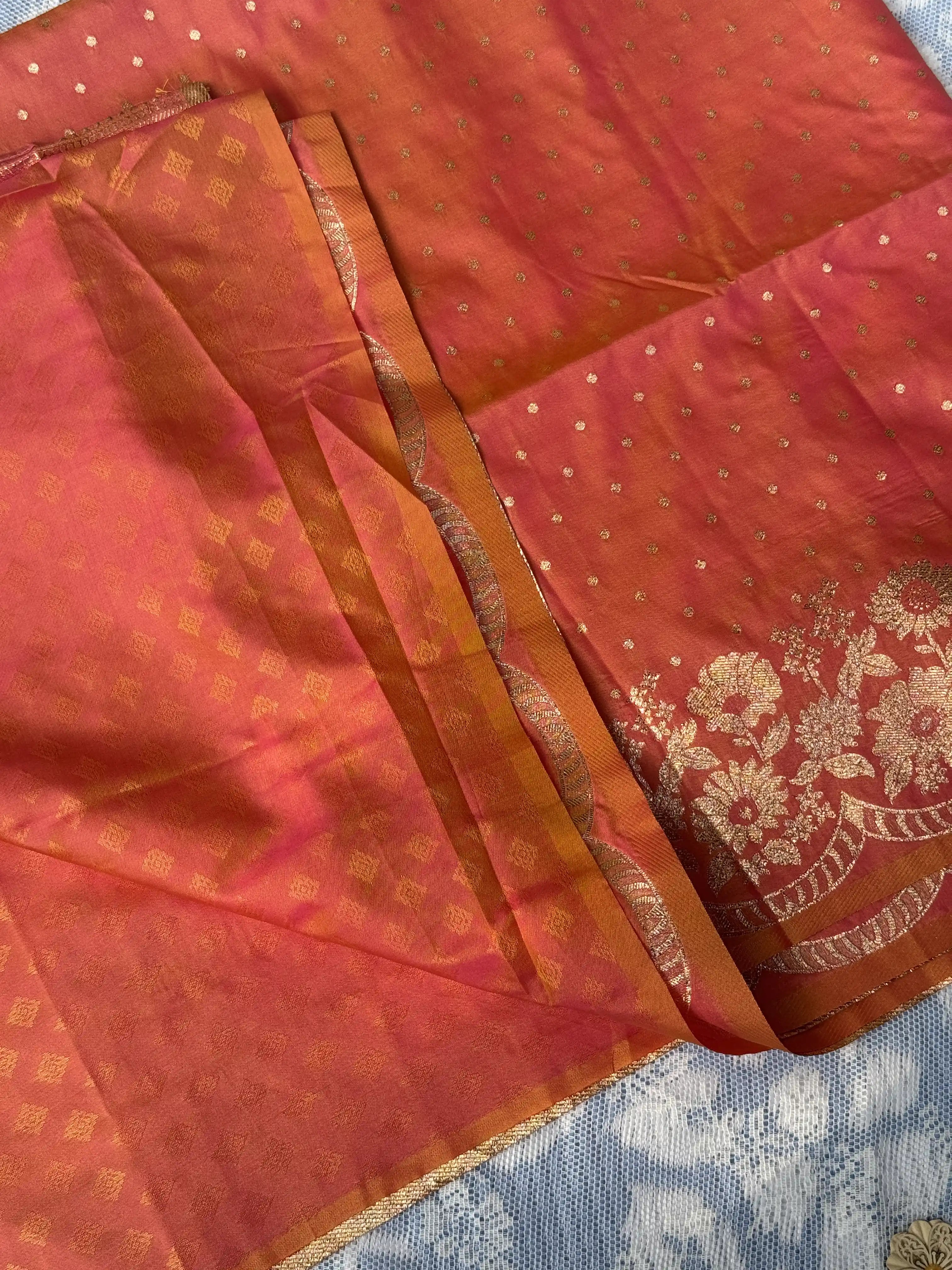 Pink and Orange Dual Color, Gold Polka Dot Soft silk
