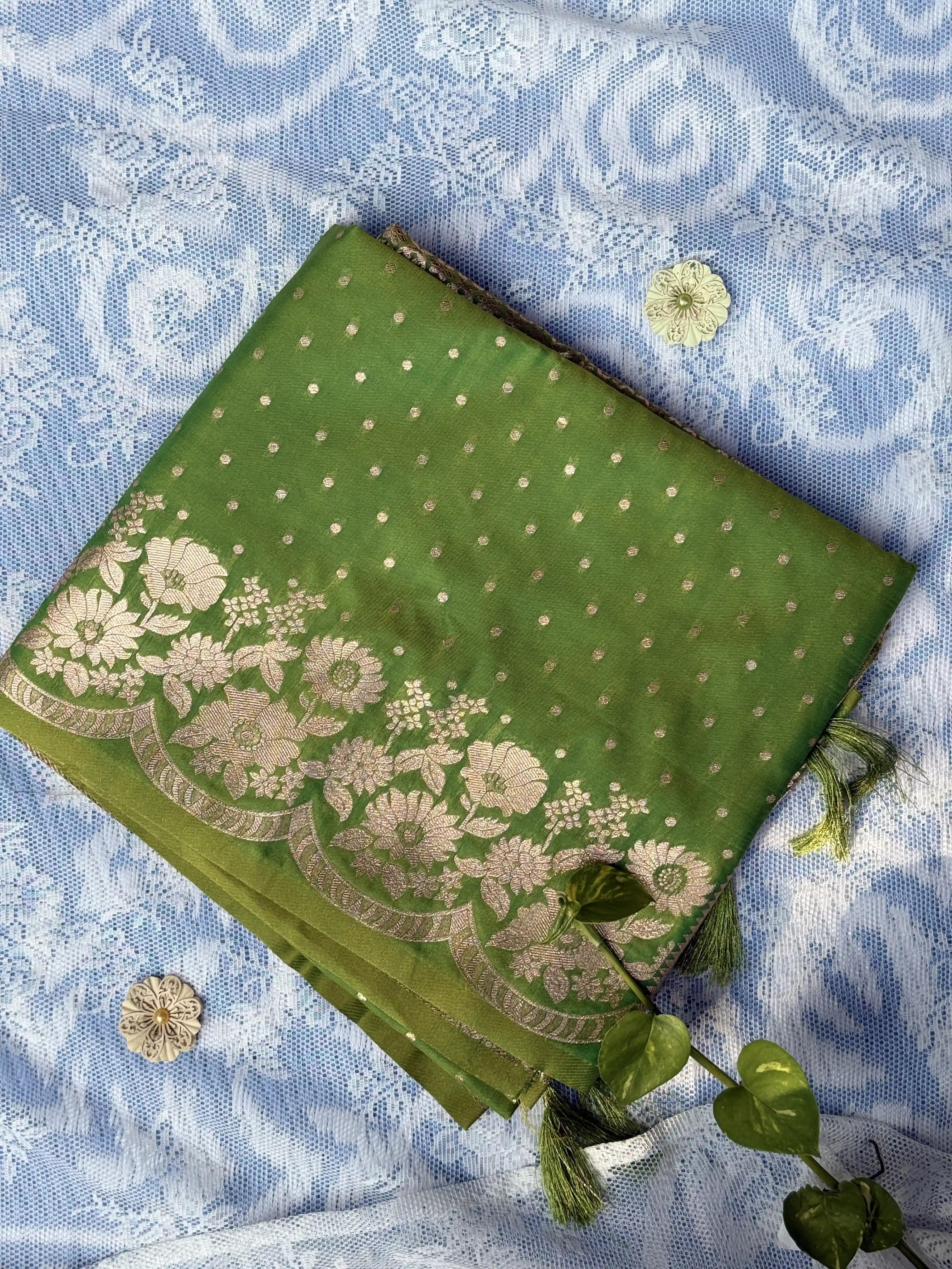 Gold Polka Dot Green Color Soft silk