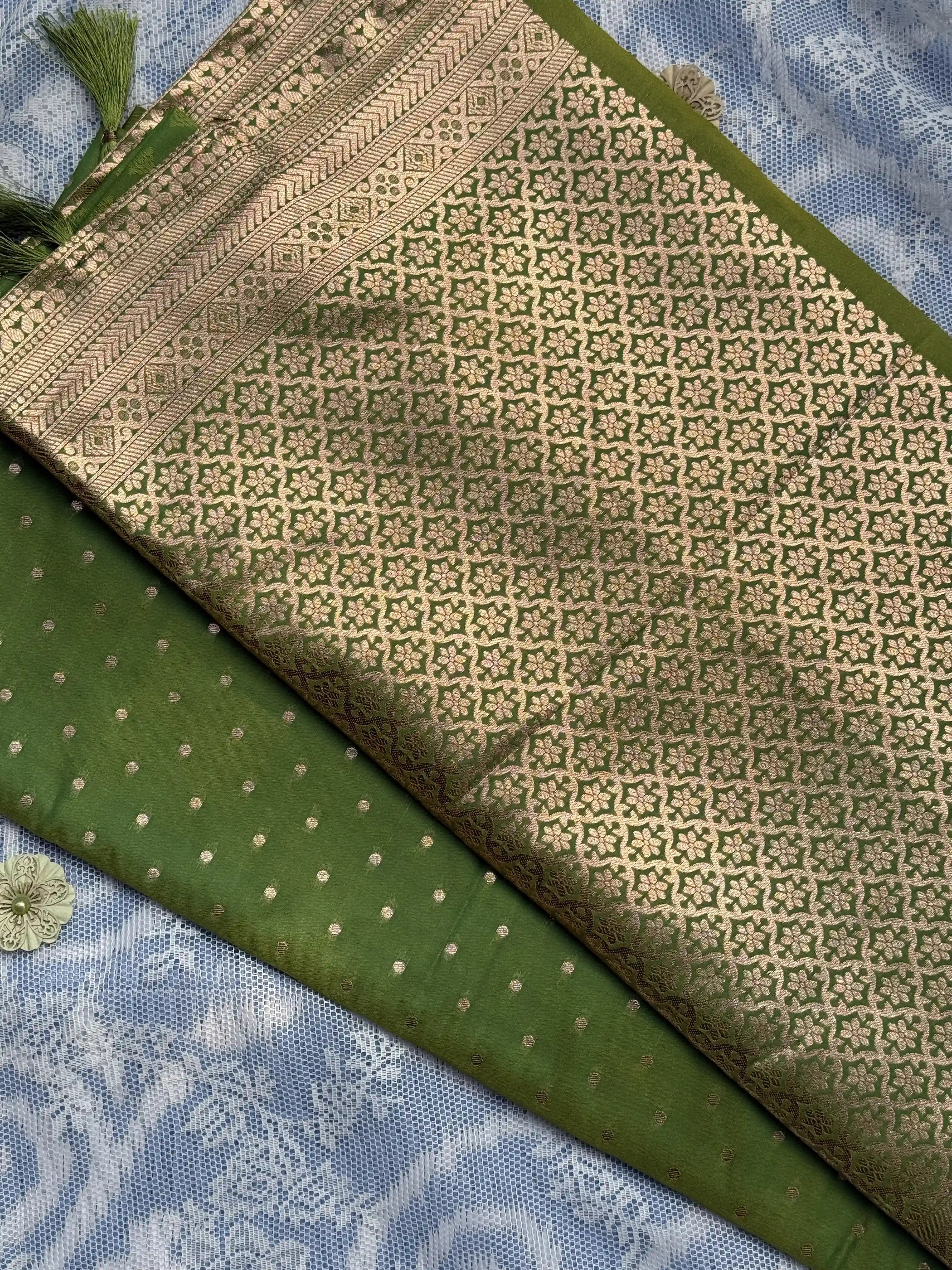 Gold Polka Dot Green Color Soft silk