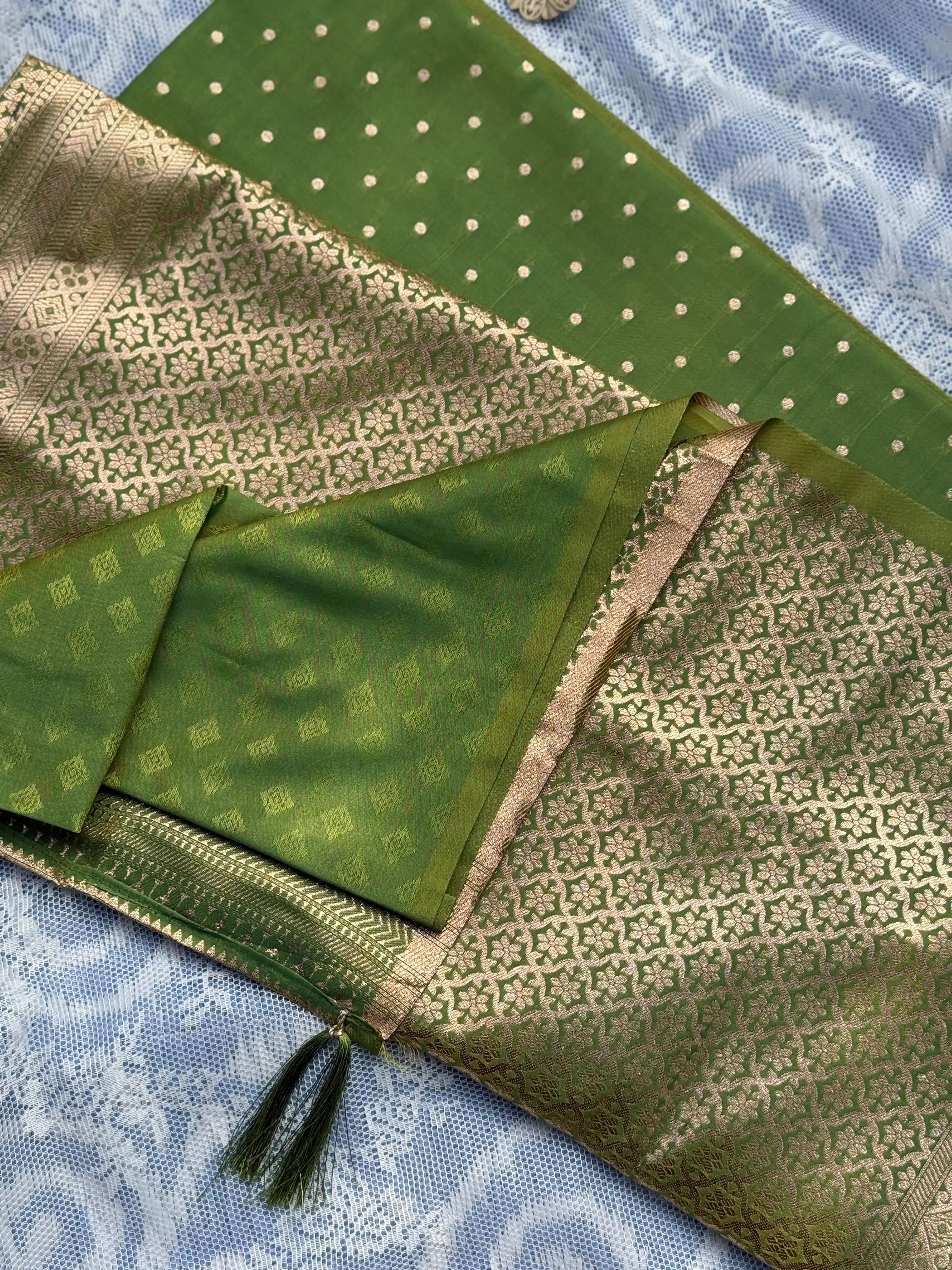 Gold Polka Dot Green Color Soft silk
