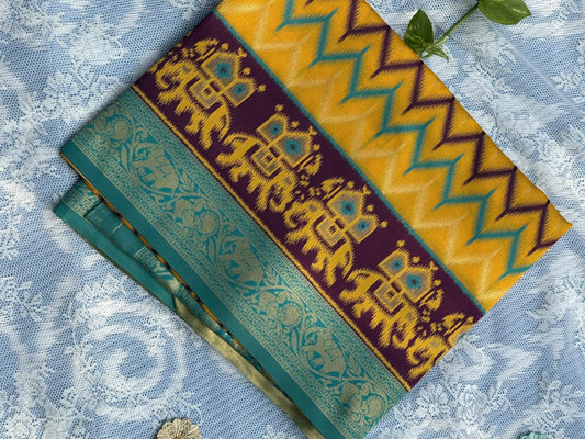 Pochampalli Soft Silk: Yellow Purple Saree with Pochampalli Elephant Motif with Teal Green Border
