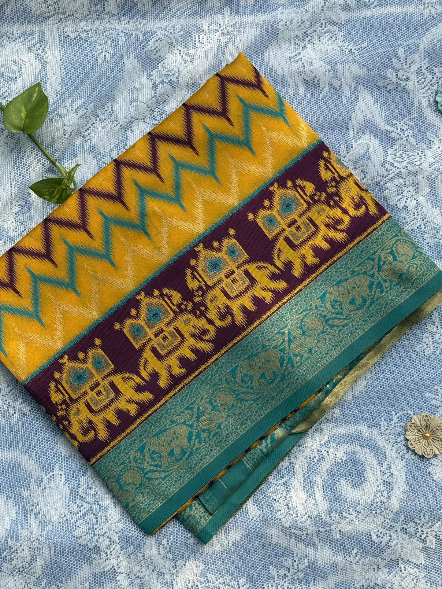 Pochampalli Soft Silk: Yellow Purple Saree with Pochampalli Elephant Motif with Teal Green Border
