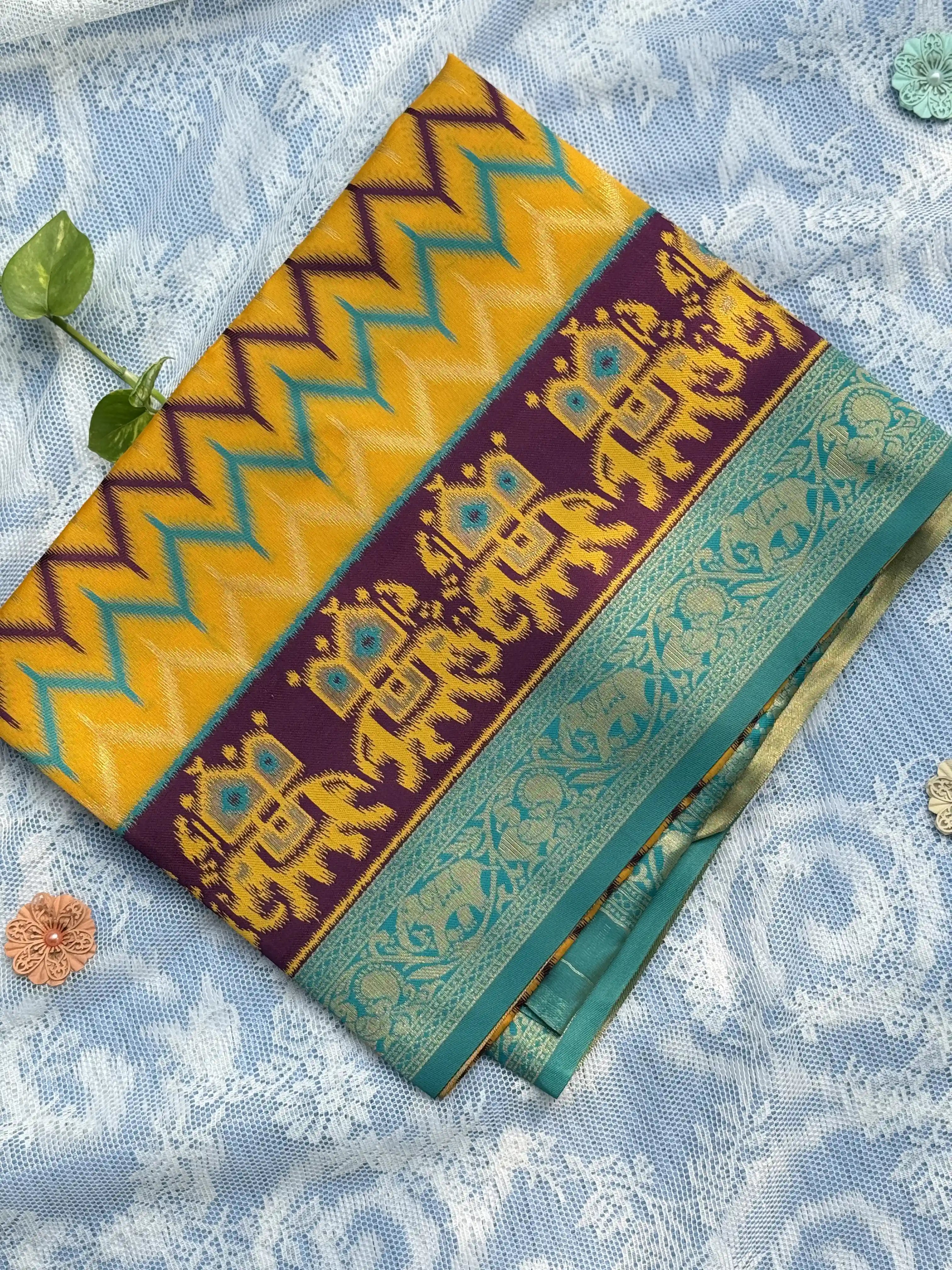 Pochampalli Soft Silk: Yellow Purple Saree with Pochampalli Elephant Motif with Teal Green Border