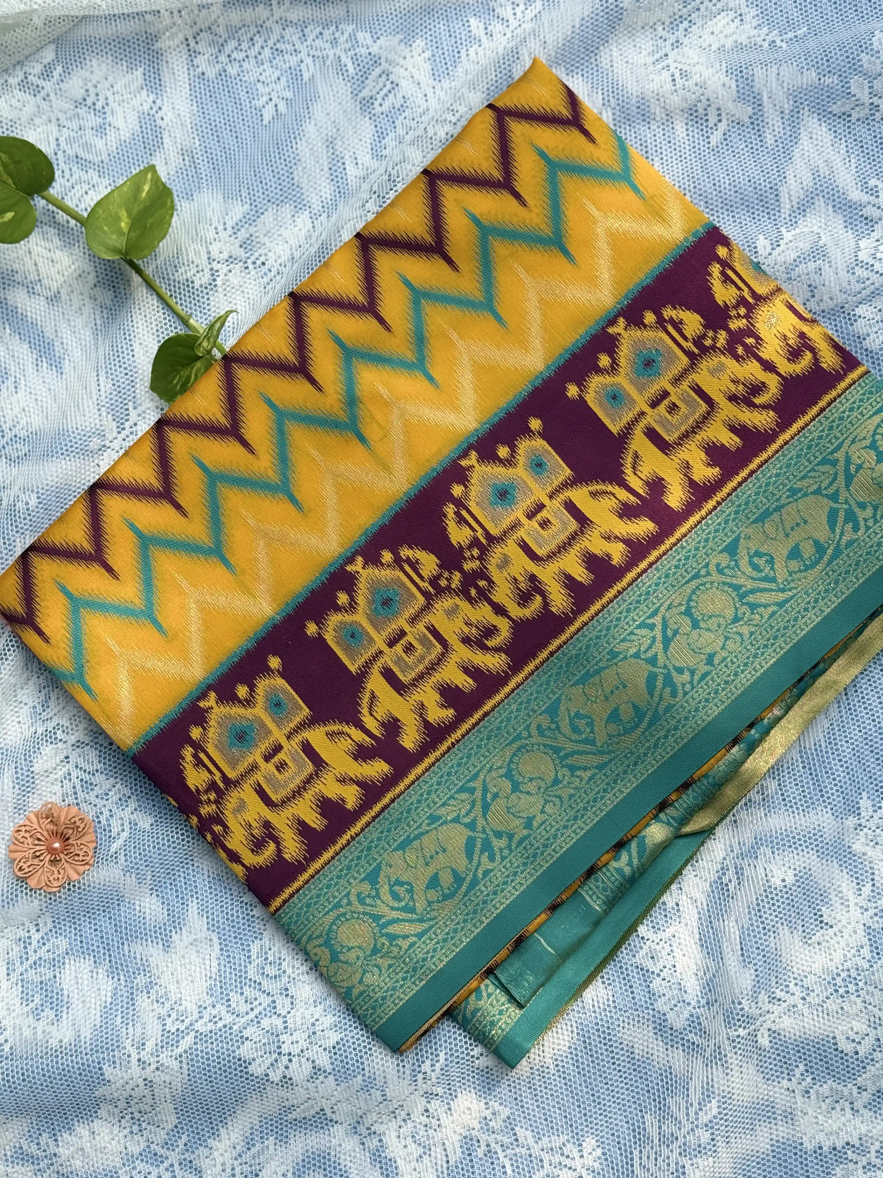 Pochampalli Soft Silk: Yellow Purple Saree with Pochampalli Elephant Motif with Teal Green Border