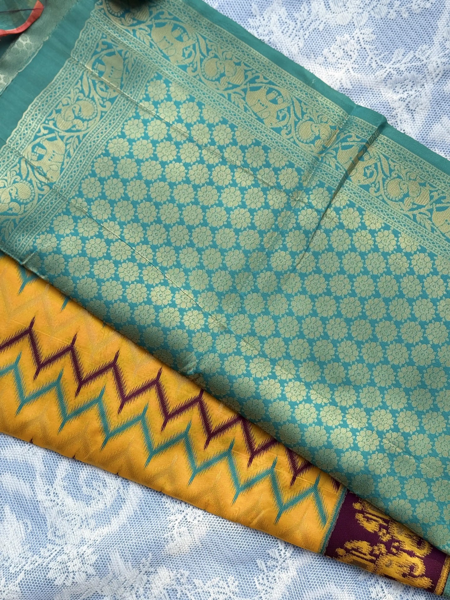 Pochampalli Soft Silk: Yellow Purple Saree with Pochampalli Elephant Motif with Teal Green Border