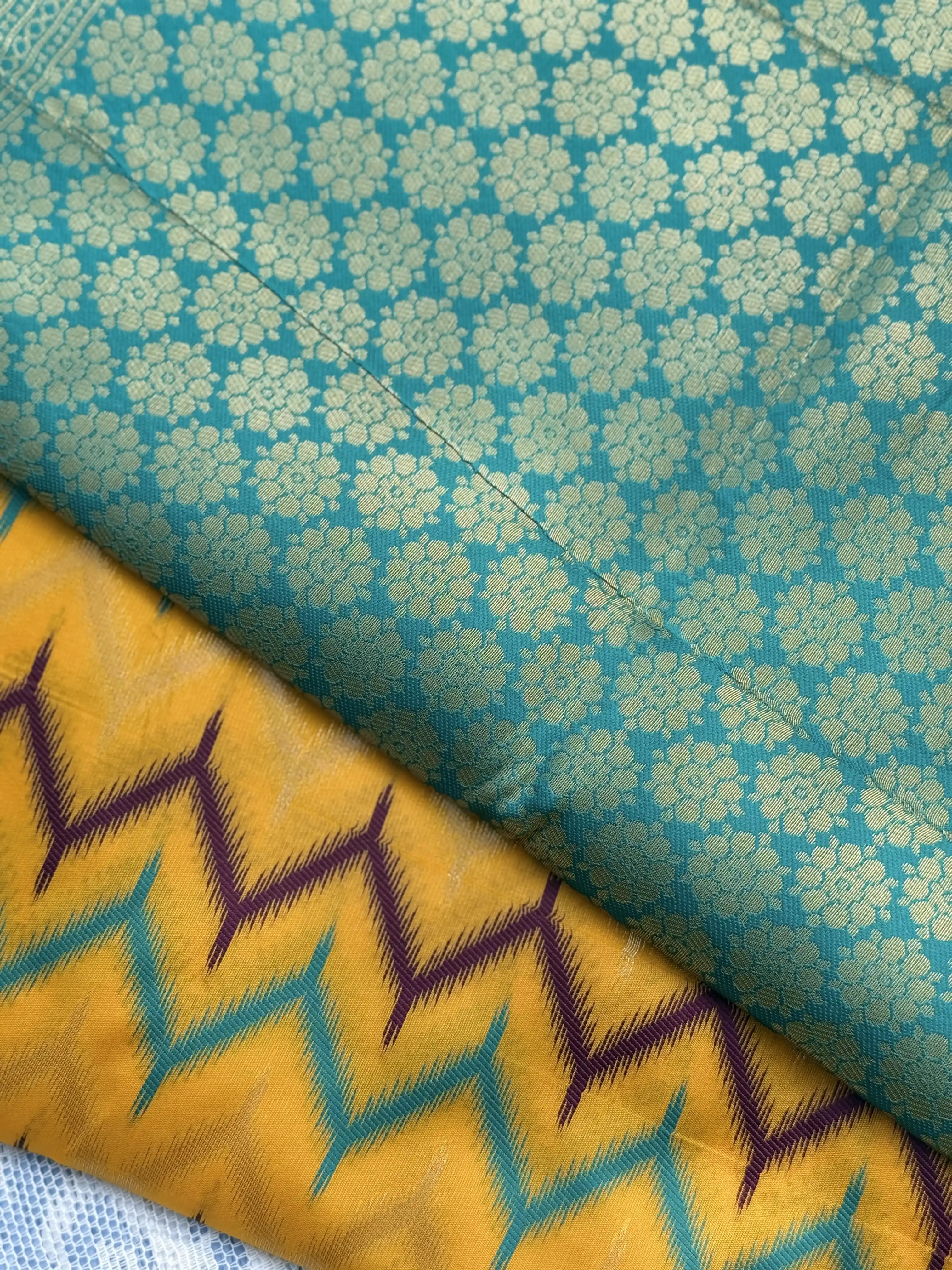 Pochampalli Soft Silk: Yellow Purple Saree with Pochampalli Elephant Motif with Teal Green Border