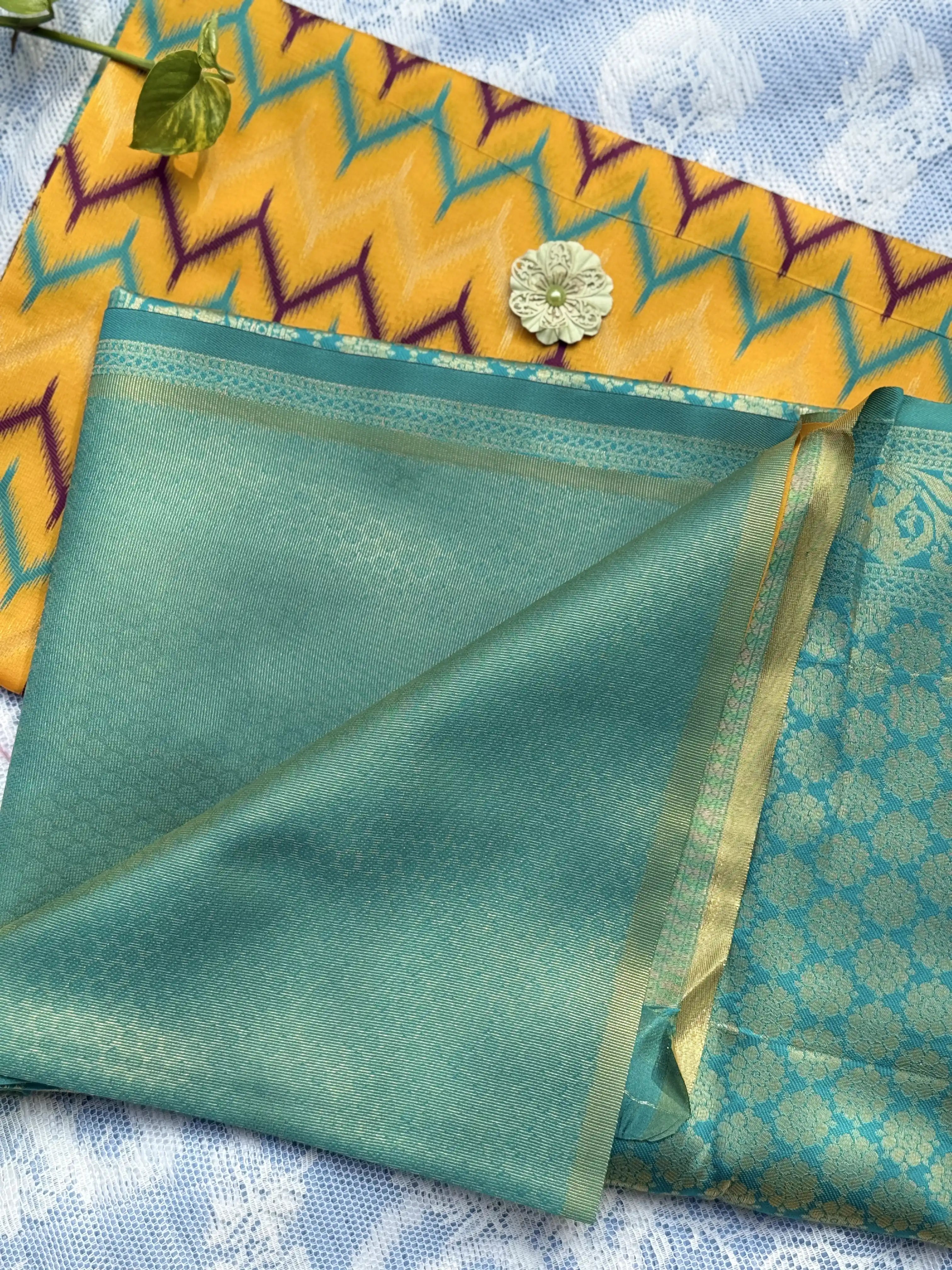 Pochampalli Soft Silk: Yellow Purple Saree with Pochampalli Elephant Motif with Teal Green Border