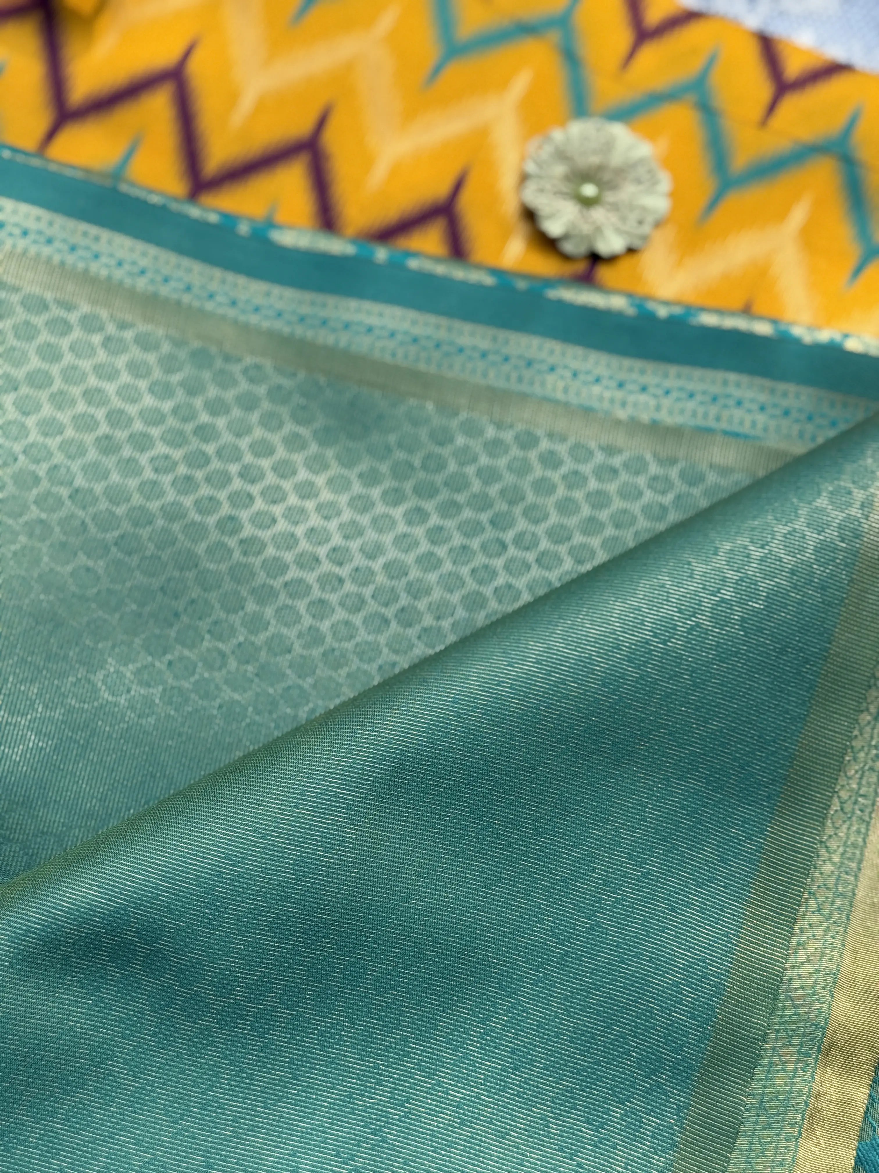 Pochampalli Soft Silk: Yellow Purple Saree with Pochampalli Elephant Motif with Teal Green Border