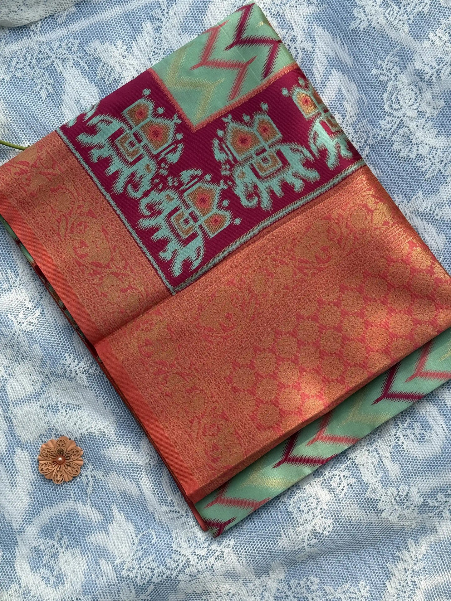 Pochampalli Soft Silk: Aqua Blue - Rose Saree with Pochampalli Elephant Motif with Baby Pink Border