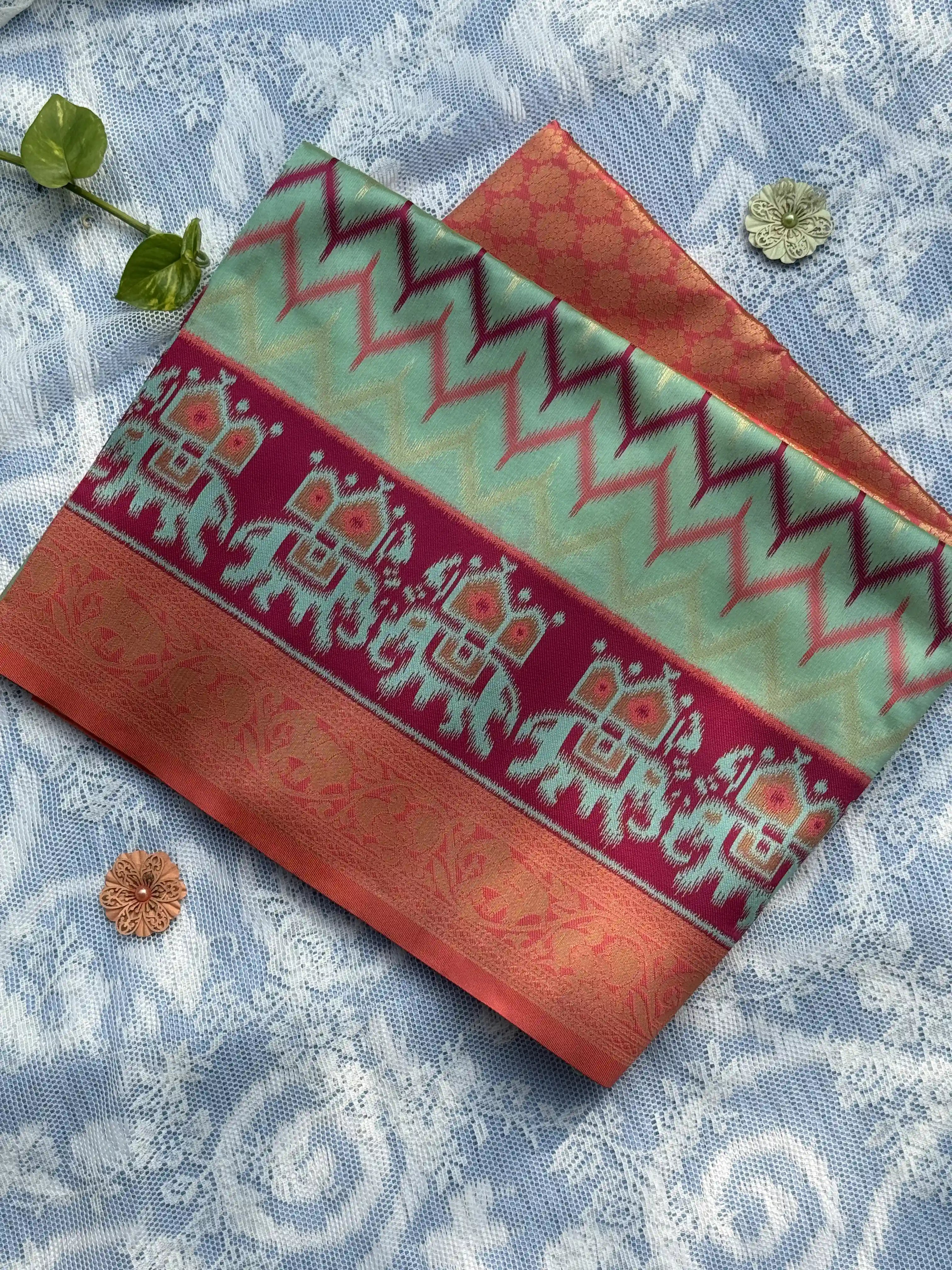 Pochampalli Soft Silk: Aqua Blue - Rose Saree with Pochampalli Elephant Motif with Baby Pink Border