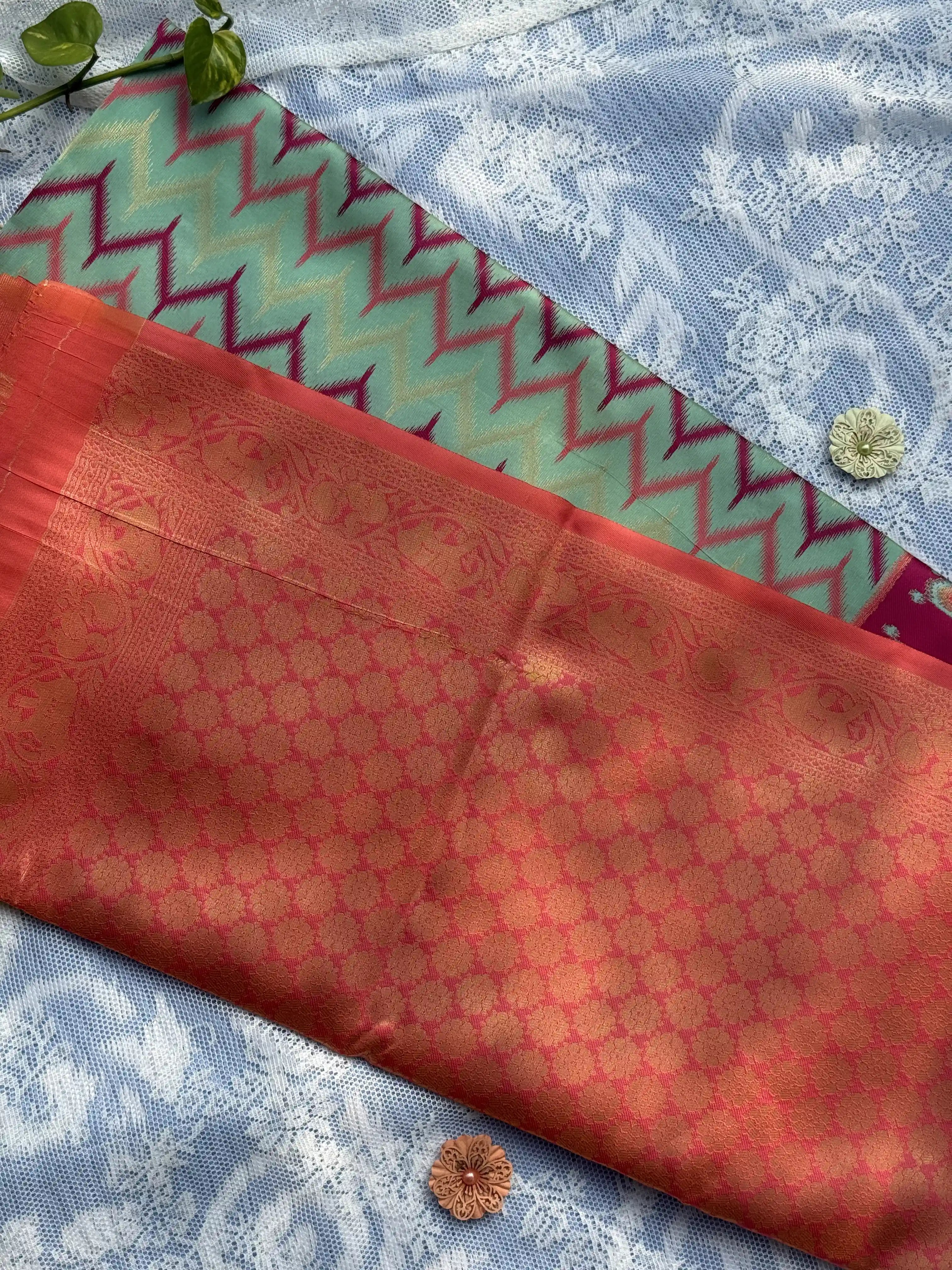 Pochampalli Soft Silk: Aqua Blue - Rose Saree with Pochampalli Elephant Motif with Baby Pink Border