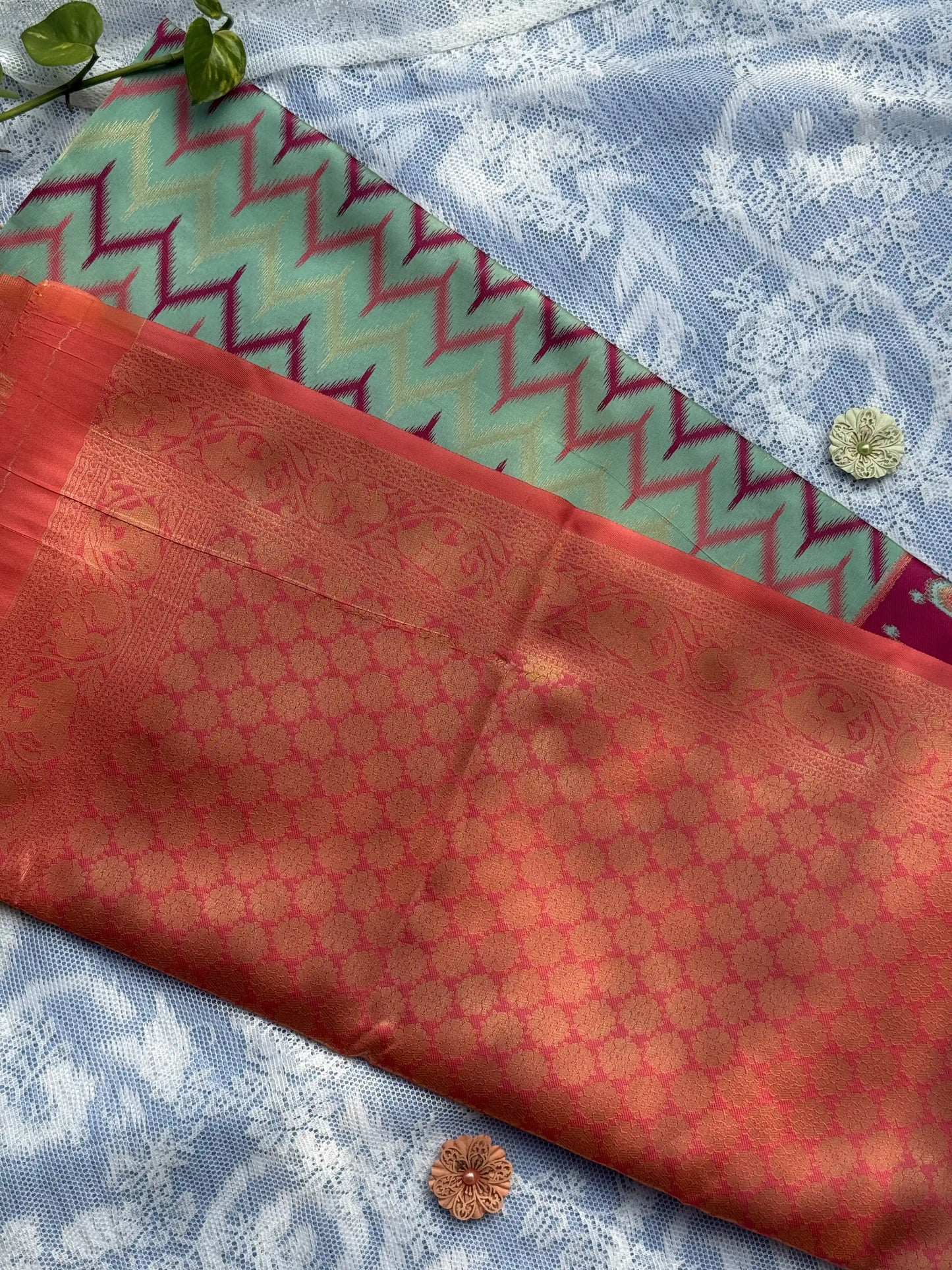 Pochampalli Soft Silk: Aqua Blue - Rose Saree with Pochampalli Elephant Motif with Baby Pink Border