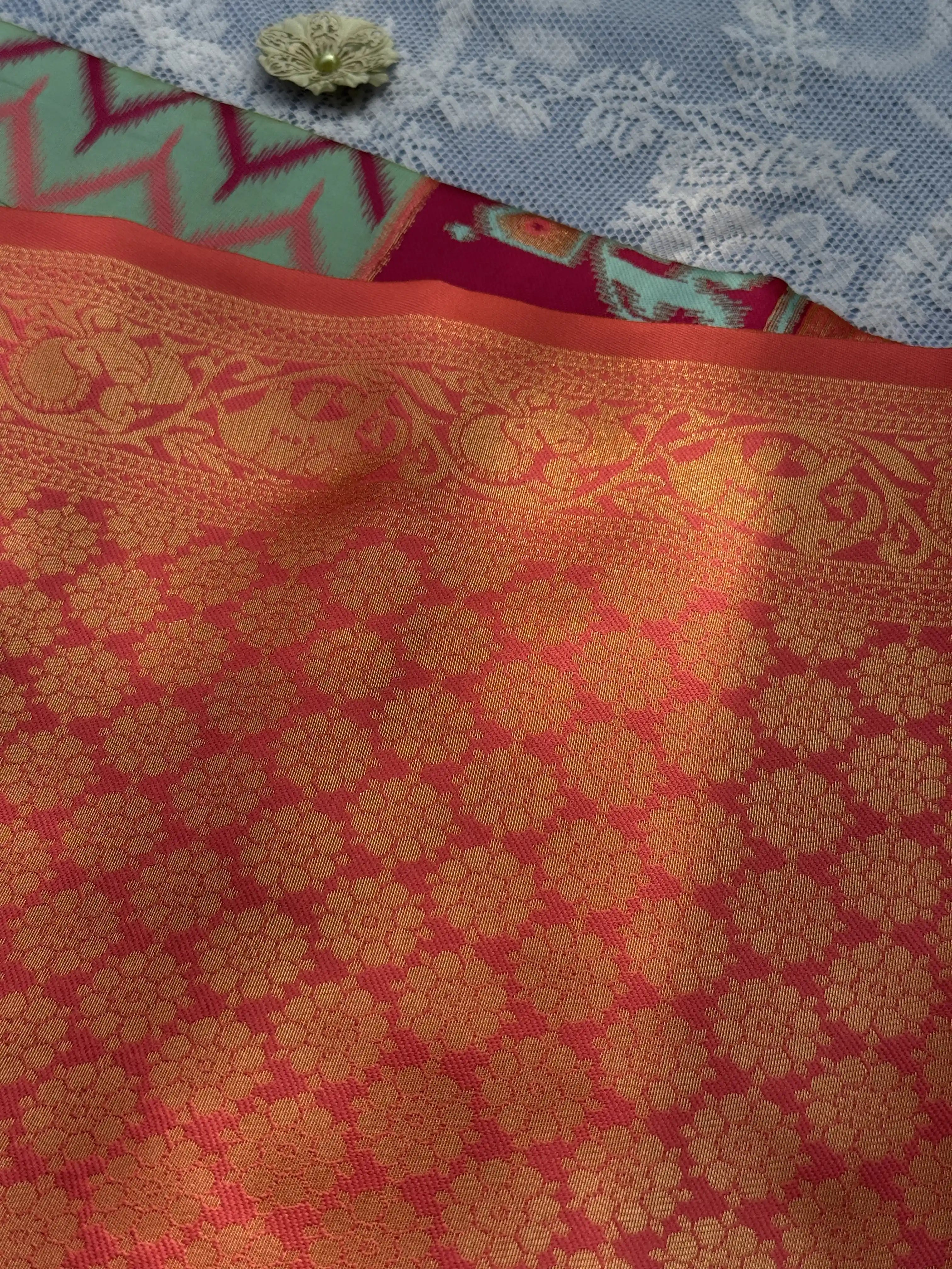 Pochampalli Soft Silk: Aqua Blue - Rose Saree with Pochampalli Elephant Motif with Baby Pink Border