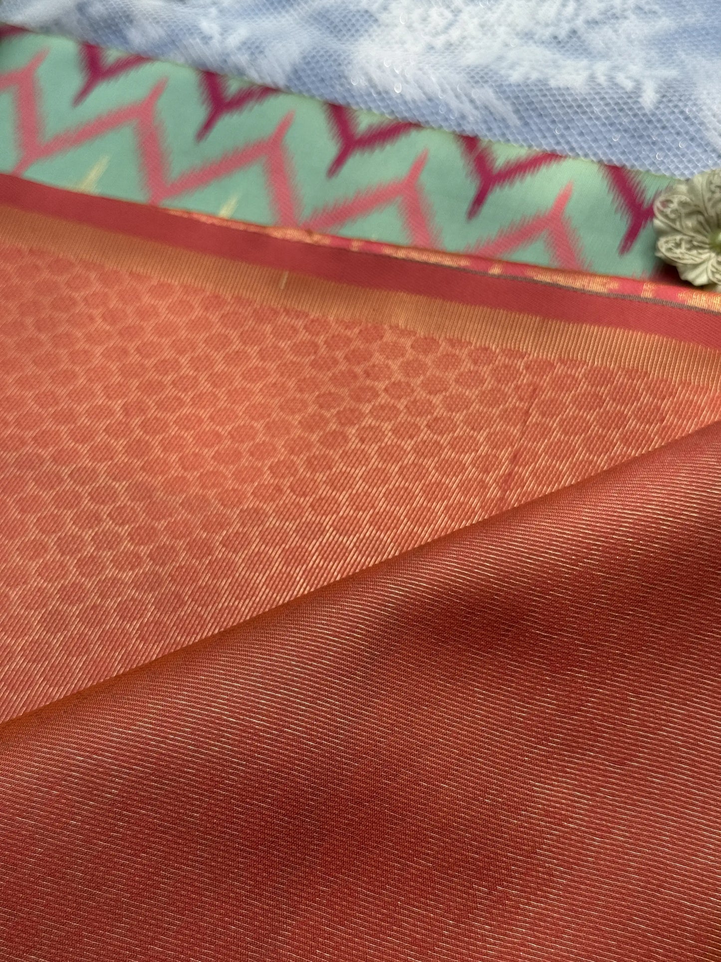 Pochampalli Soft Silk: Aqua Blue - Rose Saree with Pochampalli Elephant Motif with Baby Pink Border