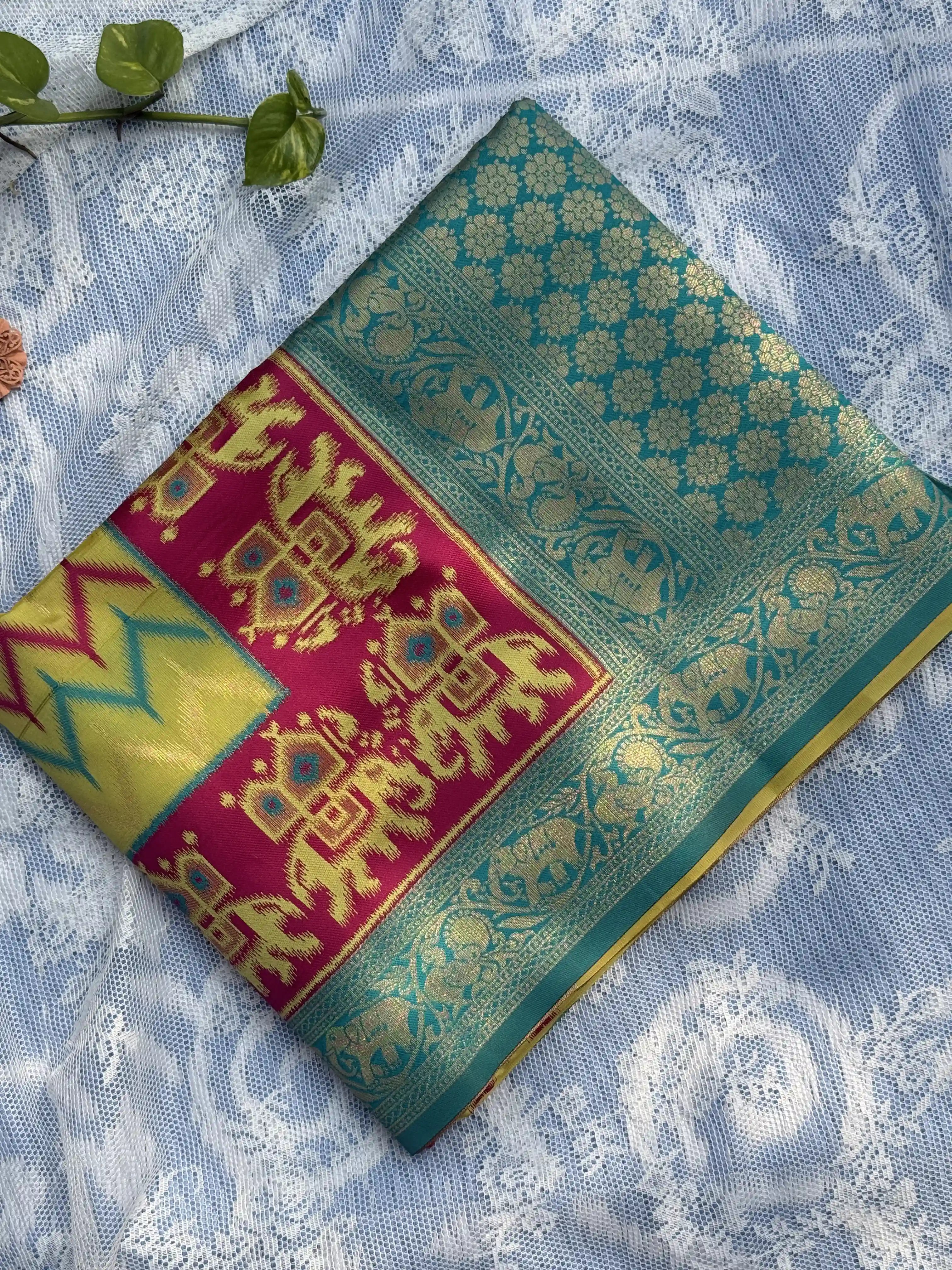 Pochampalli Soft Silk: Neon Yellow - Rose Saree with Pochampalli Elephant Motif with Teal Green Border