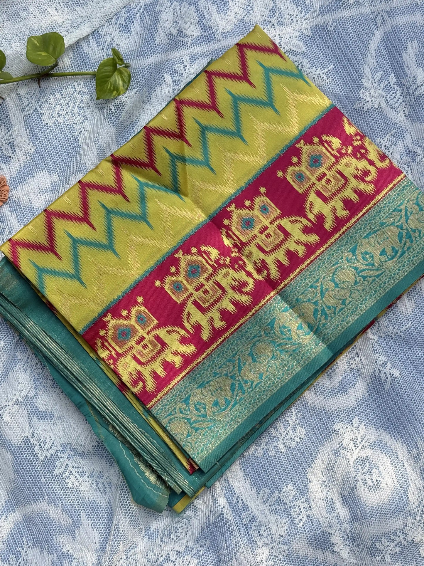 Pochampalli Soft Silk: Teal Blue - Baby Aqua Blue Saree with Pochampalli Elephant Motif with Dark Green Border