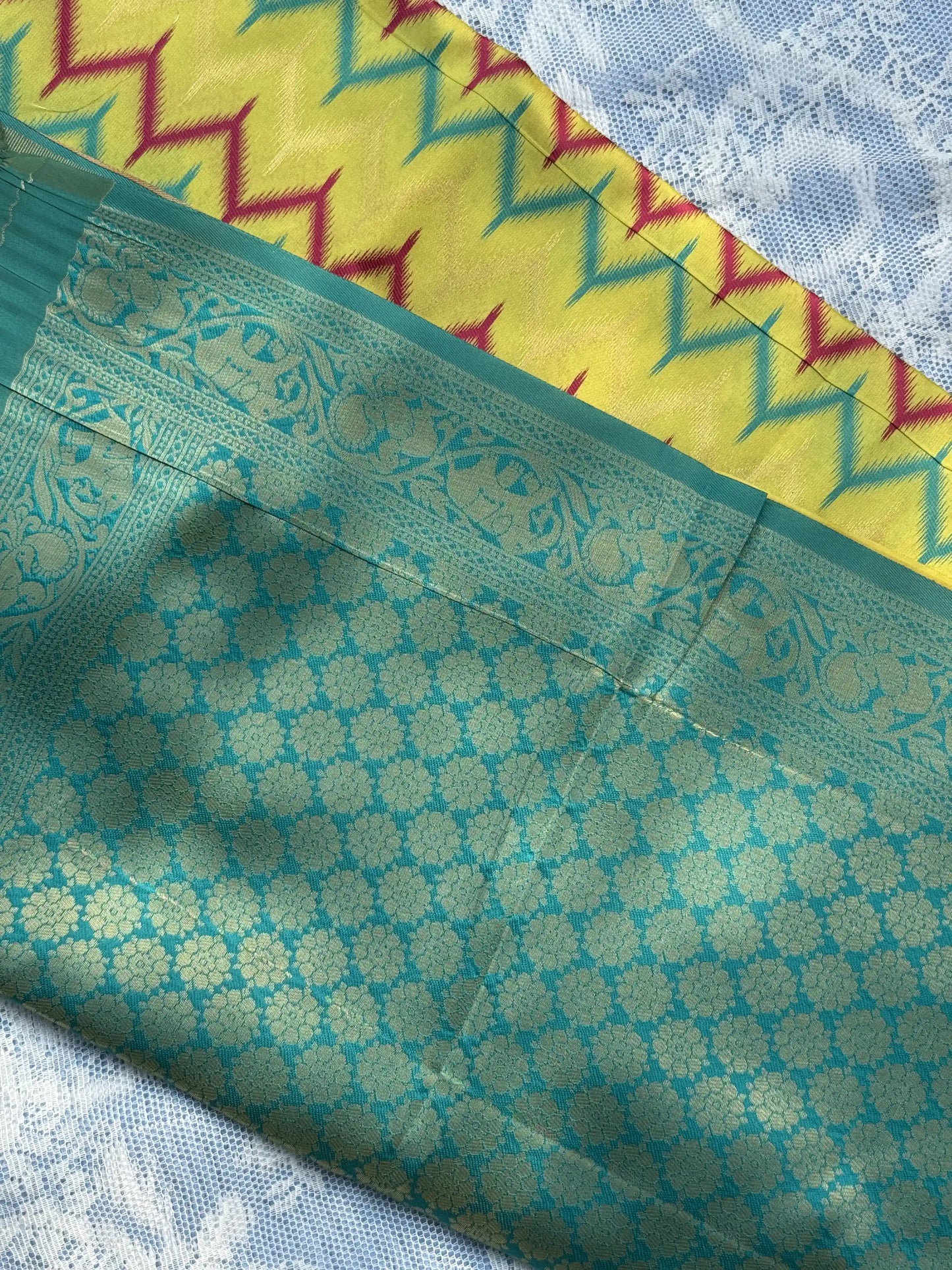 Pochampalli Soft Silk: Neon Yellow - Rose Saree with Pochampalli Elephant Motif with Teal Green Border