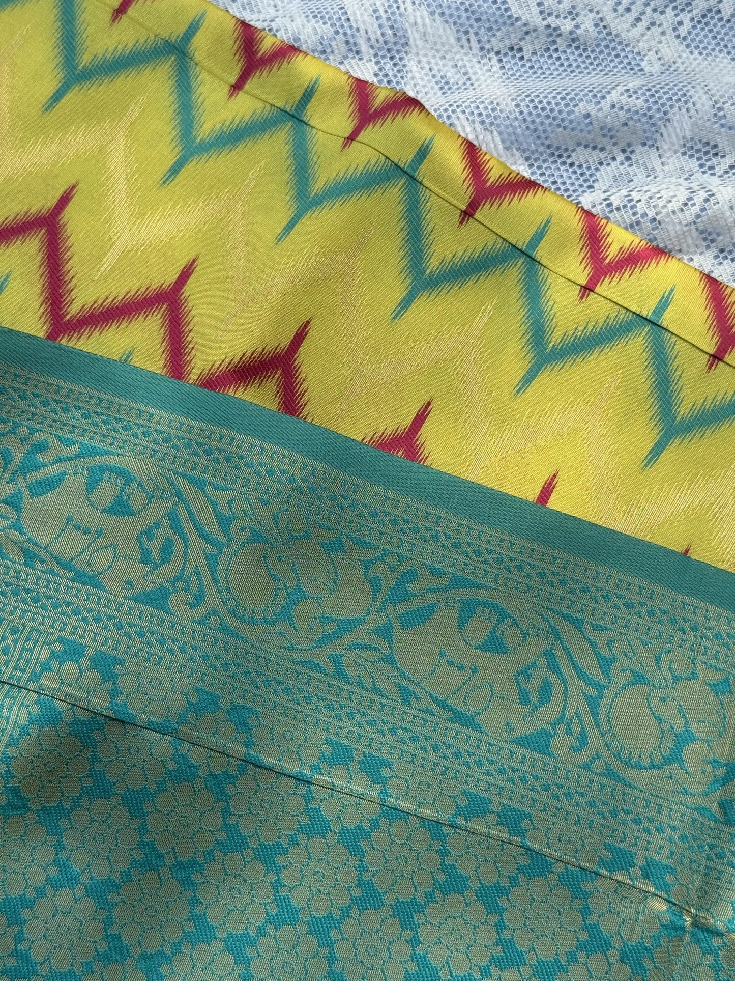 Pochampalli Soft Silk: Teal Blue - Baby Aqua Blue Saree with Pochampalli Elephant Motif with Dark Green Border