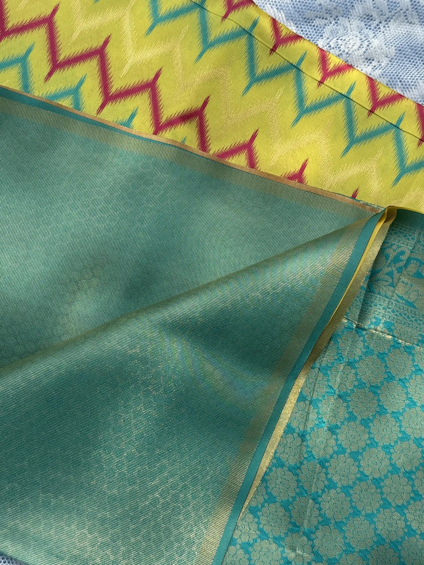 Pochampalli Soft Silk: Teal Blue - Baby Aqua Blue Saree with Pochampalli Elephant Motif with Dark Green Border