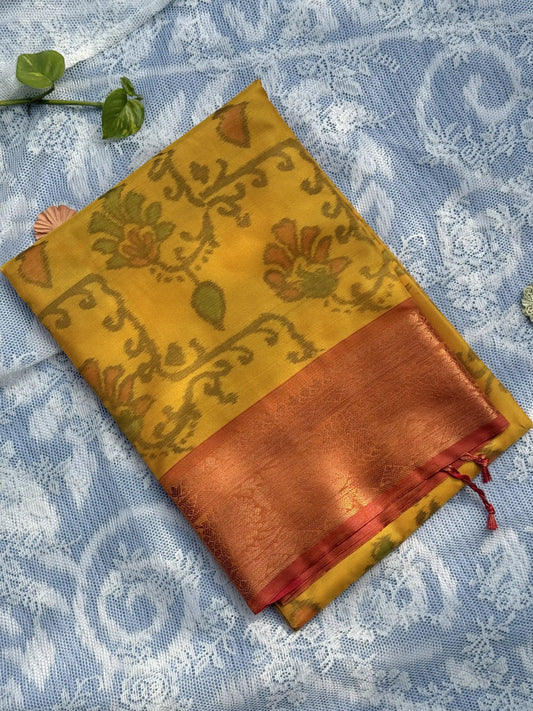 Yellow Floral Print - Pochampalli Soft Silk Saree