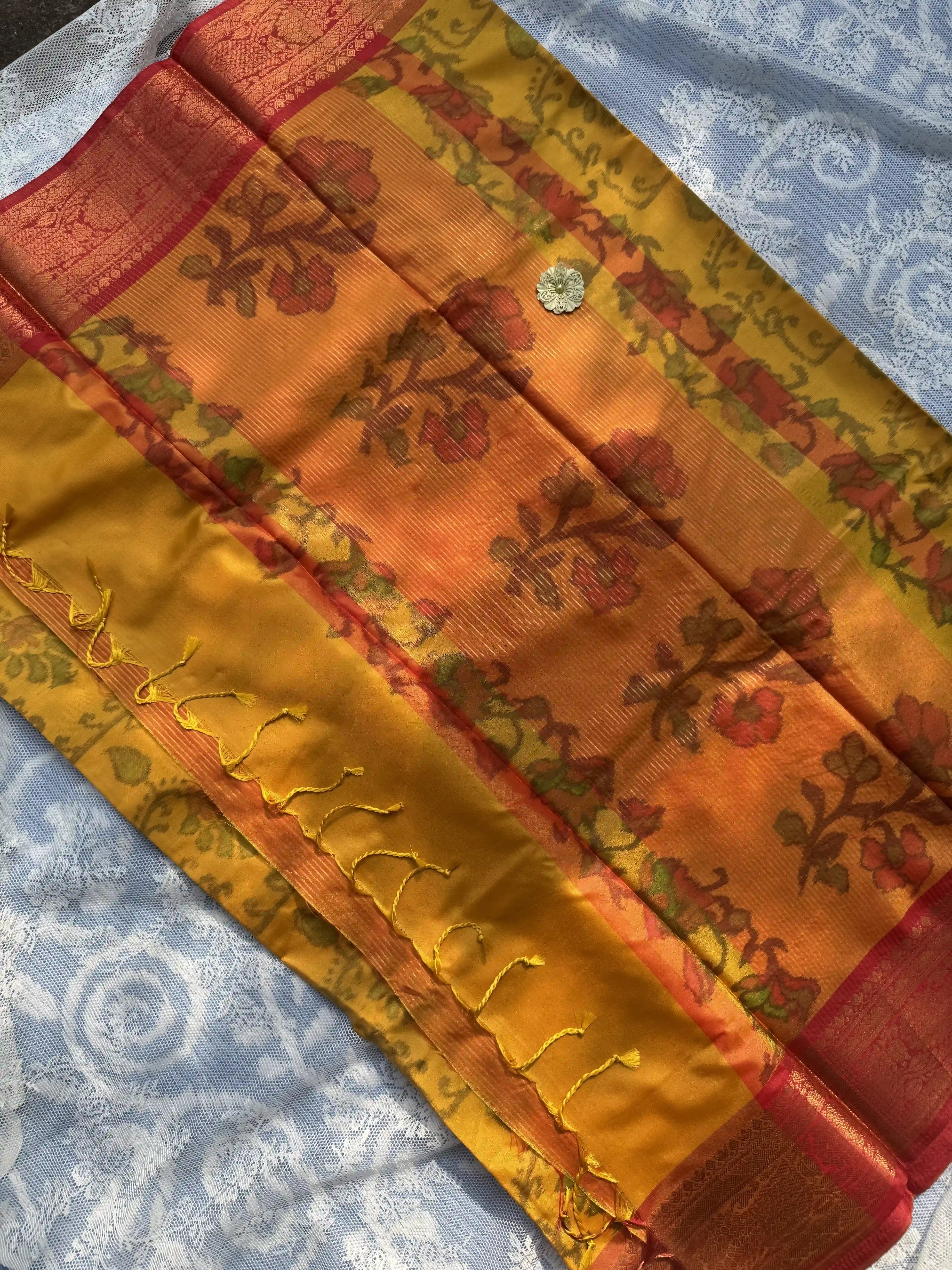 Yellow Floral Print - Pochampalli Soft Silk Saree