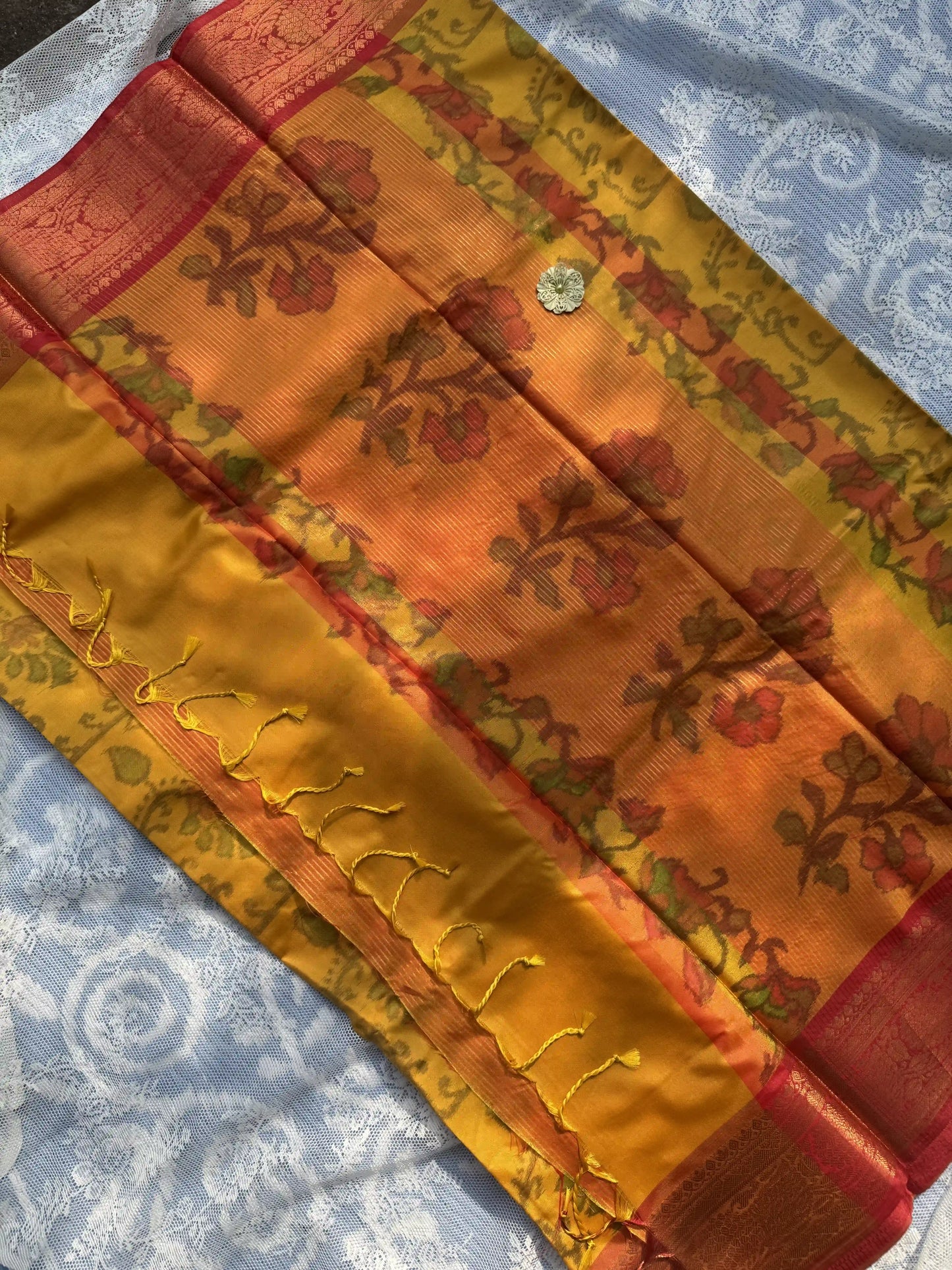 Yellow Floral Print - Pochampalli Soft Silk Saree