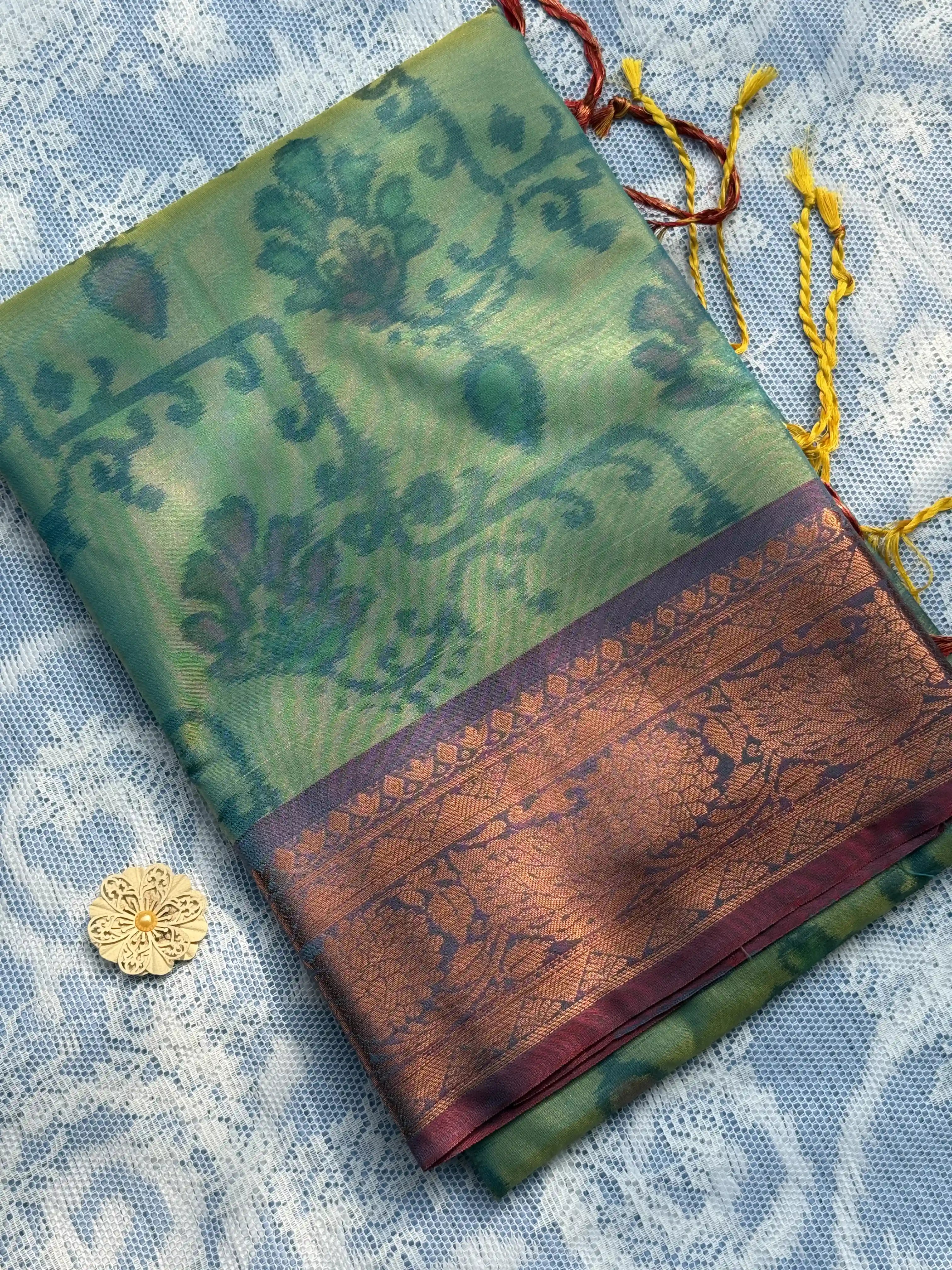 Teal Green Floral Print - Pochampalli Soft Silk Saree