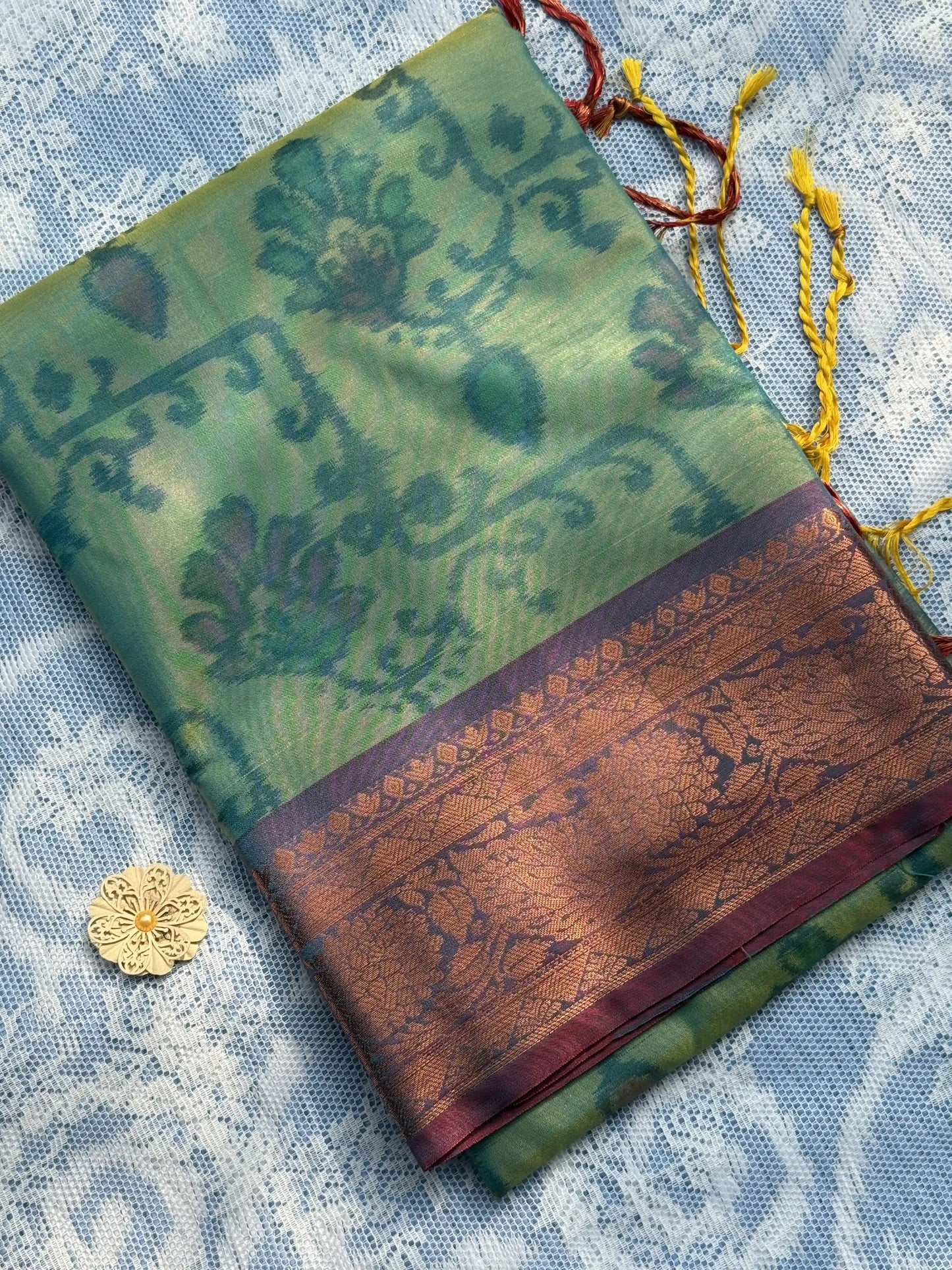 Teal Green Floral Print - Pochampalli Soft Silk Saree