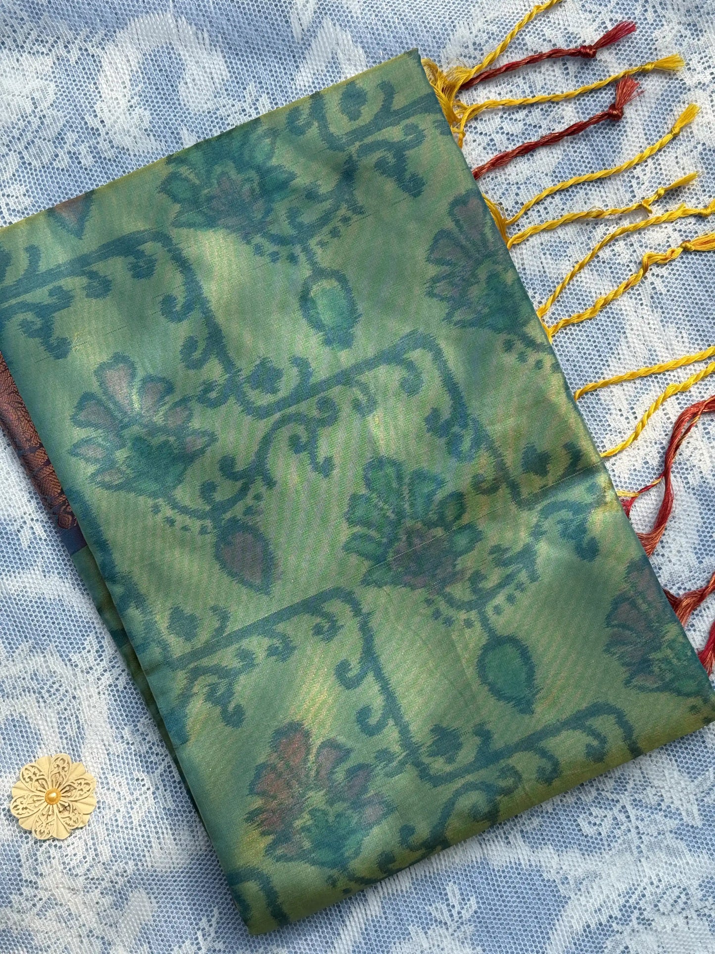 Teal Green Floral Print - Pochampalli Soft Silk Saree