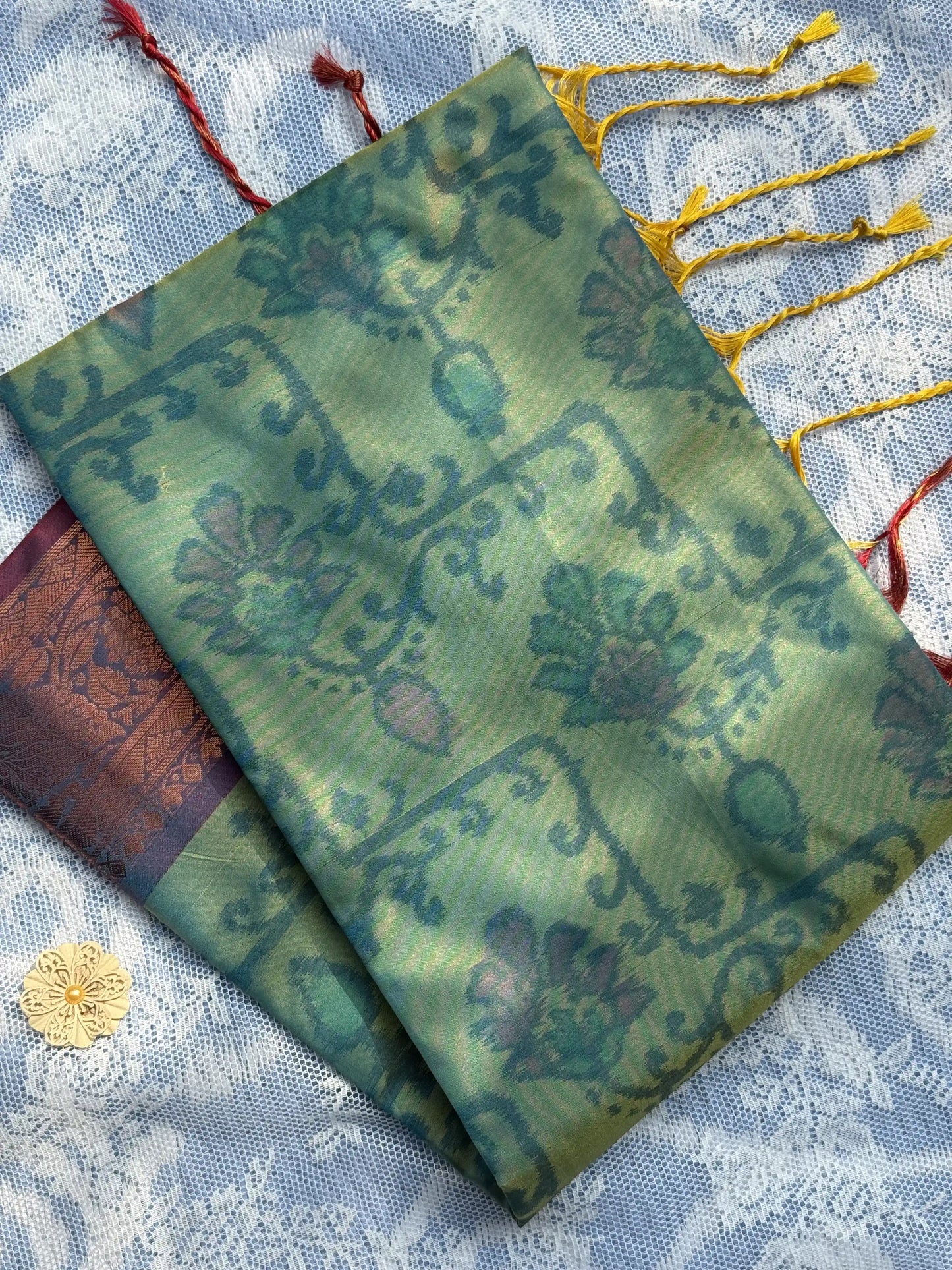 Teal Green Floral Print - Pochampalli Soft Silk Saree
