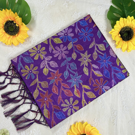 Purple Kanta Print Manipuri Silk Saree with Purple Border and Kanta Floral Pallu