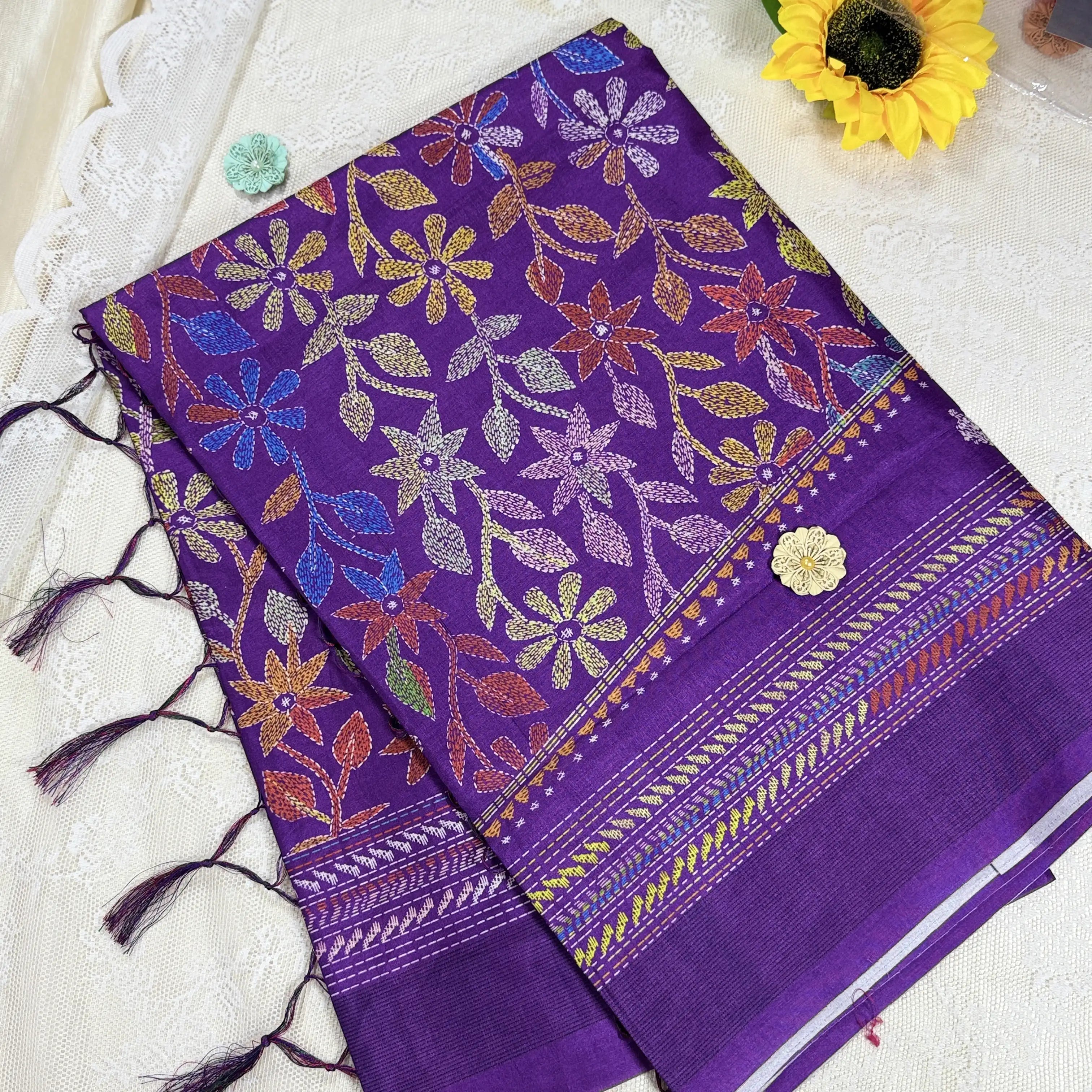 Purple Kanta Print Manipuri Silk Saree with Purple Border and Kanta Floral Pallu