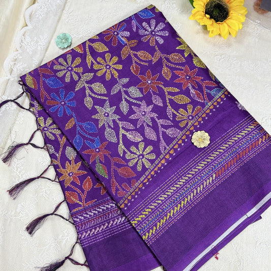 Purple Kanta Print Manipuri Silk Saree with Purple Border and Kanta Floral Pallu