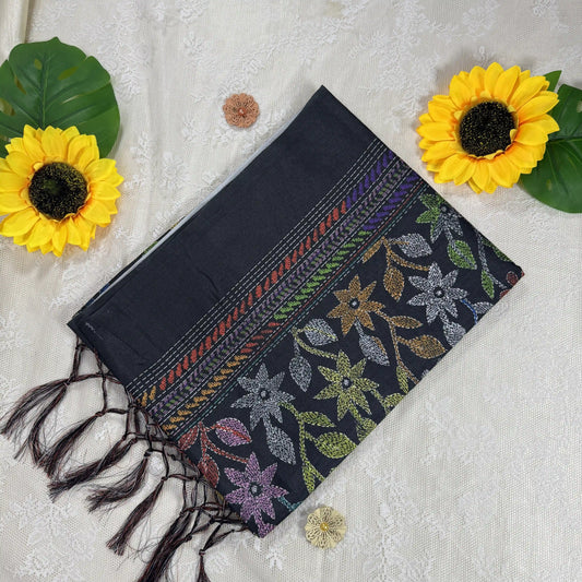Black Kanta Print Manipuri Silk Saree with Metallic Grey Border and Kanta Floral Pallu