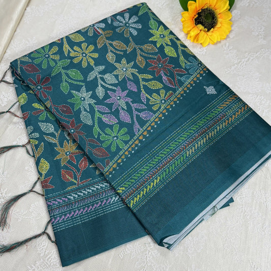 Emareld Green Kanta Print Manipuri Silk Saree with Emareld Green Border and Kanta Floral Pallu