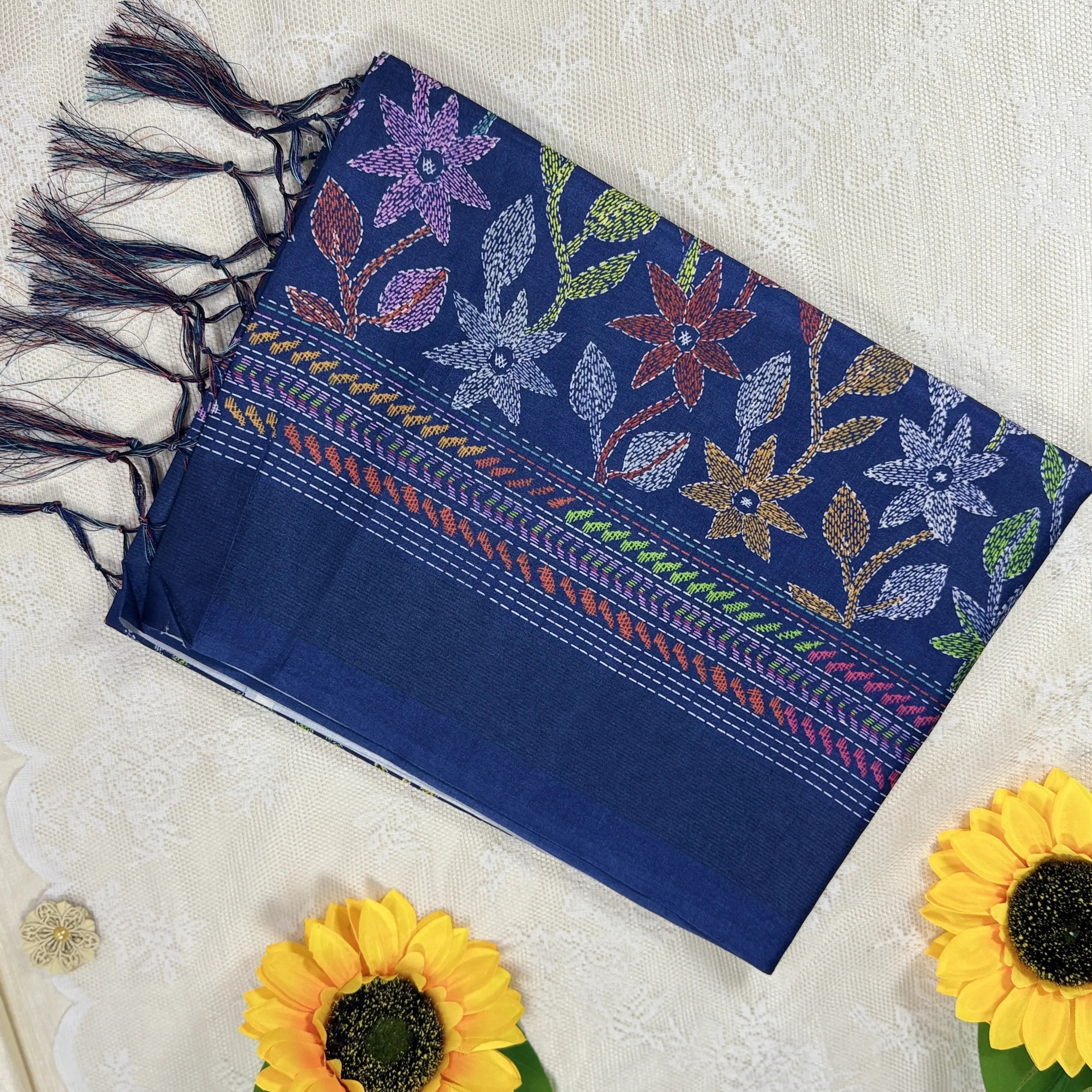 Navy Blue Kanta Print Manipuri Silk Saree with Metallic Blue Border and Kanta Floral Pallu