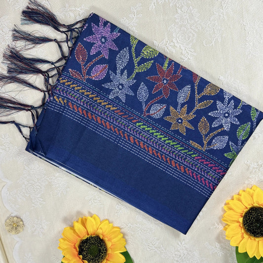 Navy Blue Kanta Print Manipuri Silk Saree with Metallic Blue Border and Kanta Floral Pallu